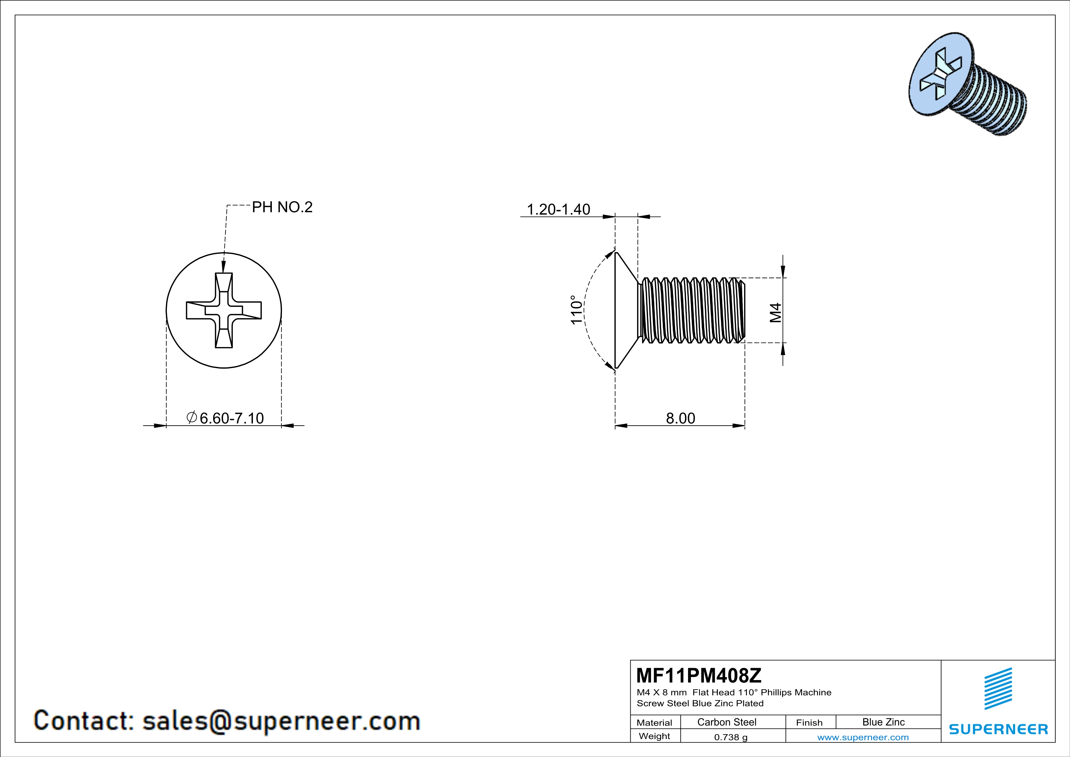 M4 x 8 mm Flat Head 110&deg; Phillips Machine Screw Steel Blue Zinc Plated