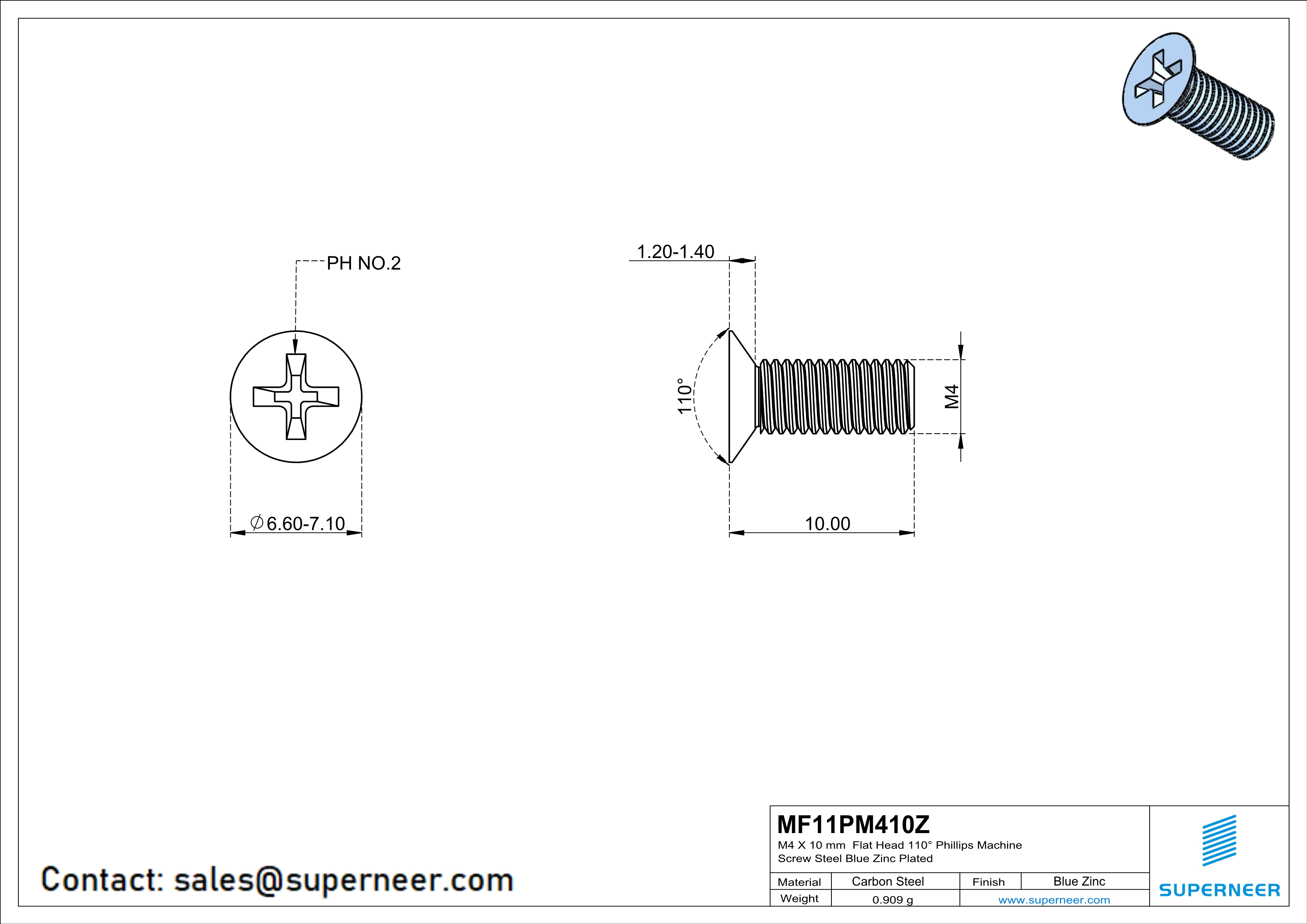 M4 x 10 mm Flat Head 110&deg; Phillips Machine Screw Steel Blue Zinc Plated
