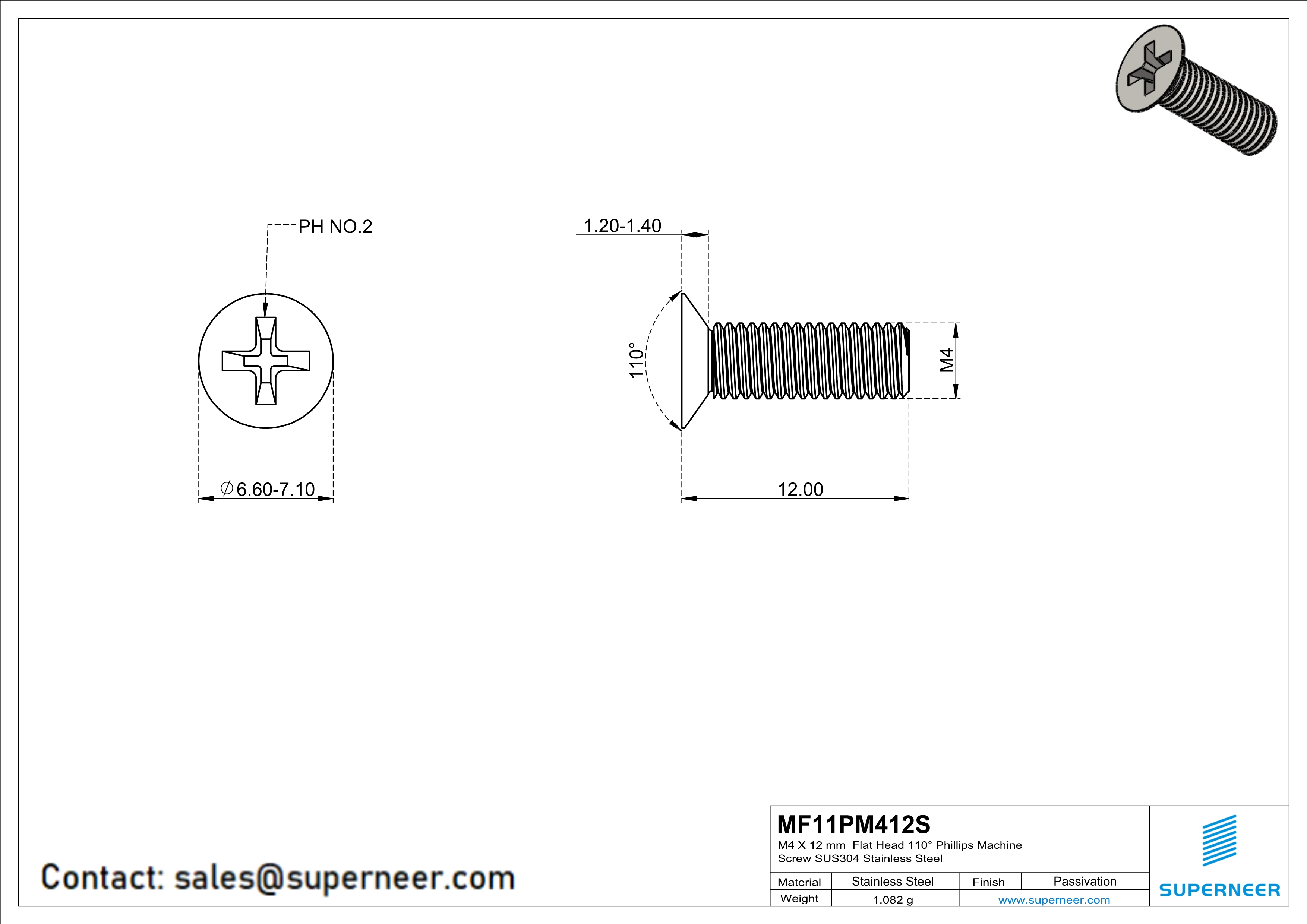 M4 x 12 mm  Flat Head 110&deg; Phillips Machine Screw SUS304 Stainless Steel Inox