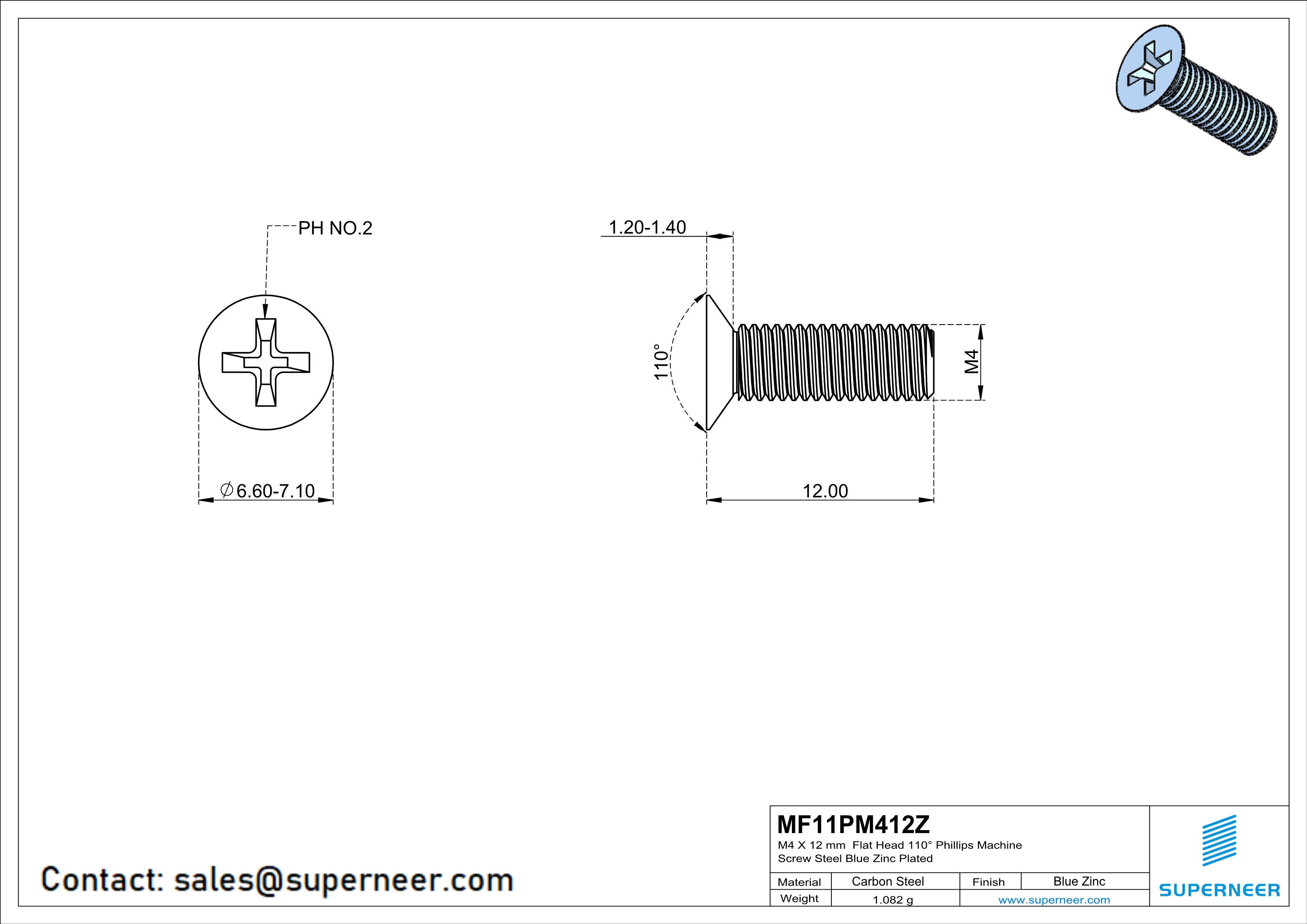M4 x 12 mm Flat Head 110&deg; Phillips Machine Screw Steel Blue Zinc Plated
