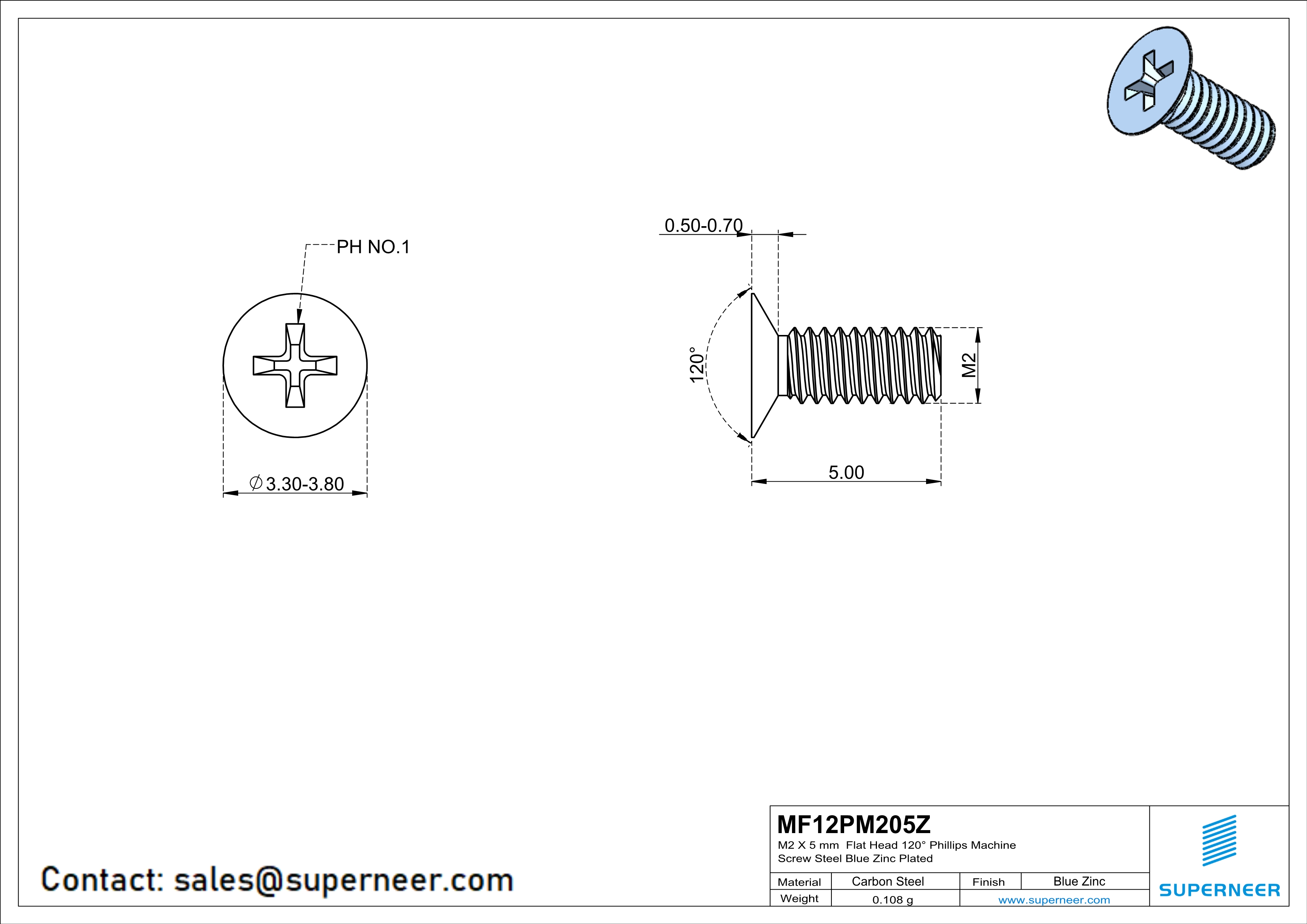 M2 x 5 mm Flat Head 120&deg; Phillips Machine Screw Steel Blue Zinc Plated
