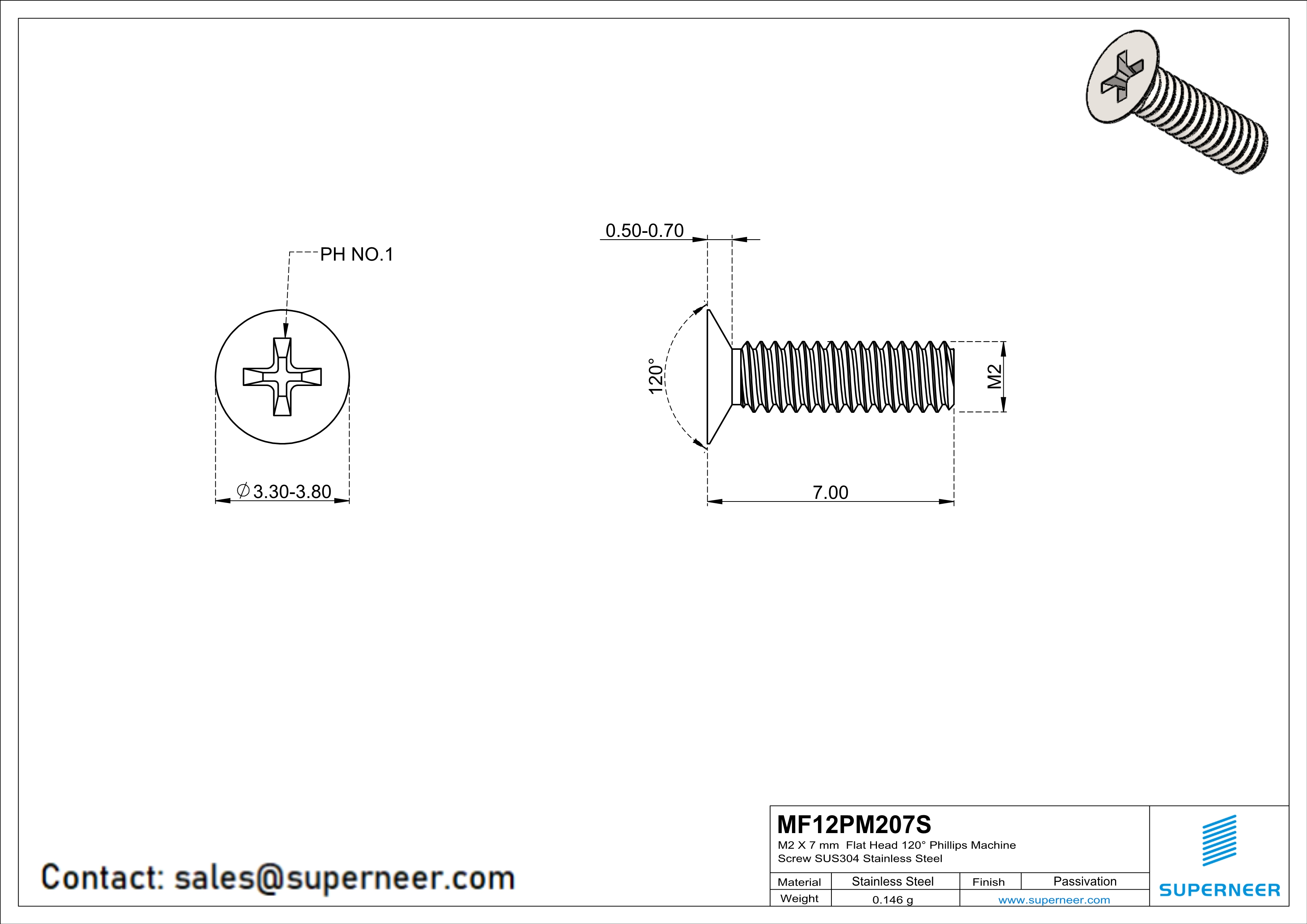 M2 x 7 mm  Flat Head 120&deg; Phillips Machine Screw SUS304 Stainless Steel Inox