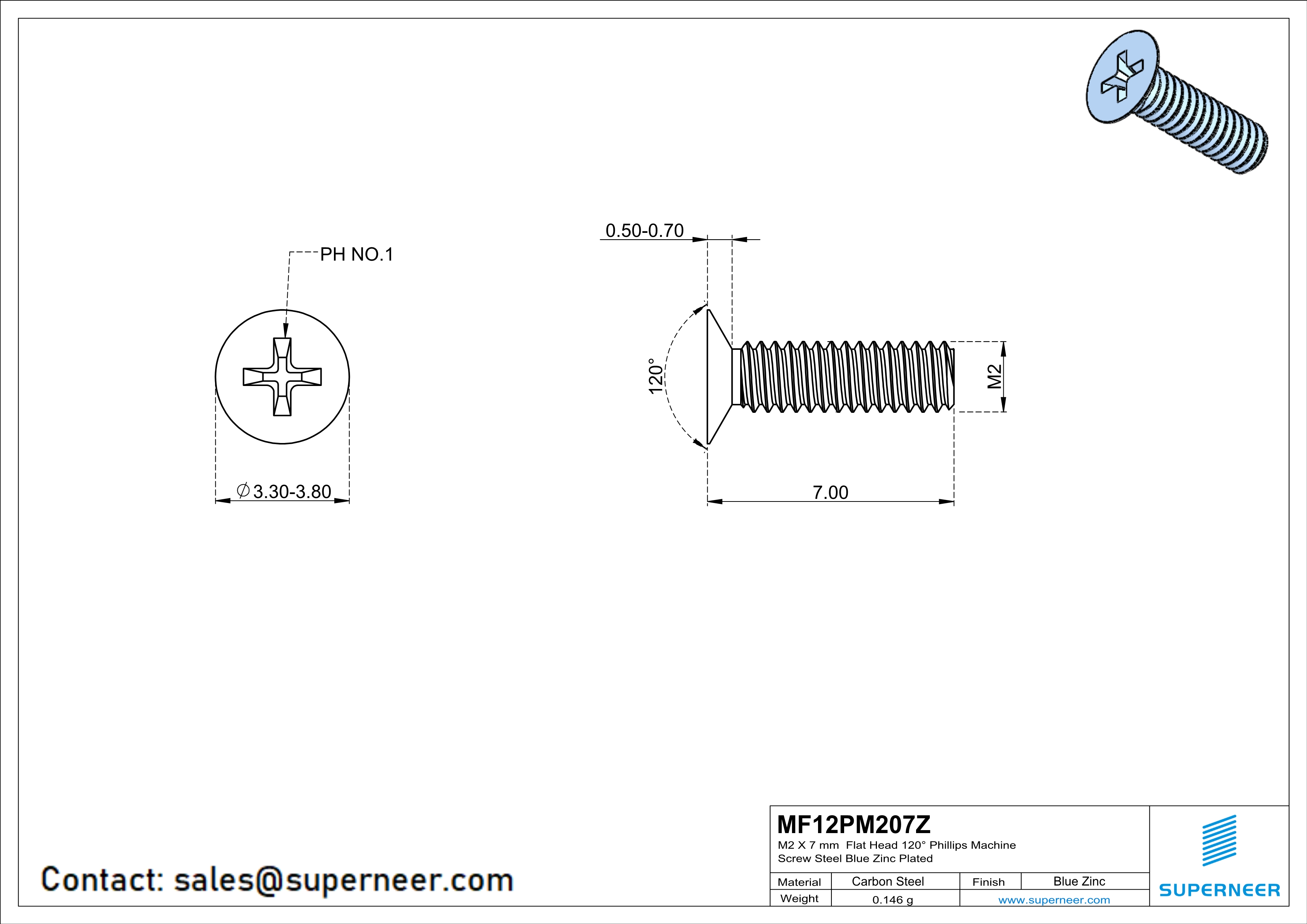 M2 x 7 mm Flat Head 120&deg; Phillips Machine Screw Steel Blue Zinc Plated