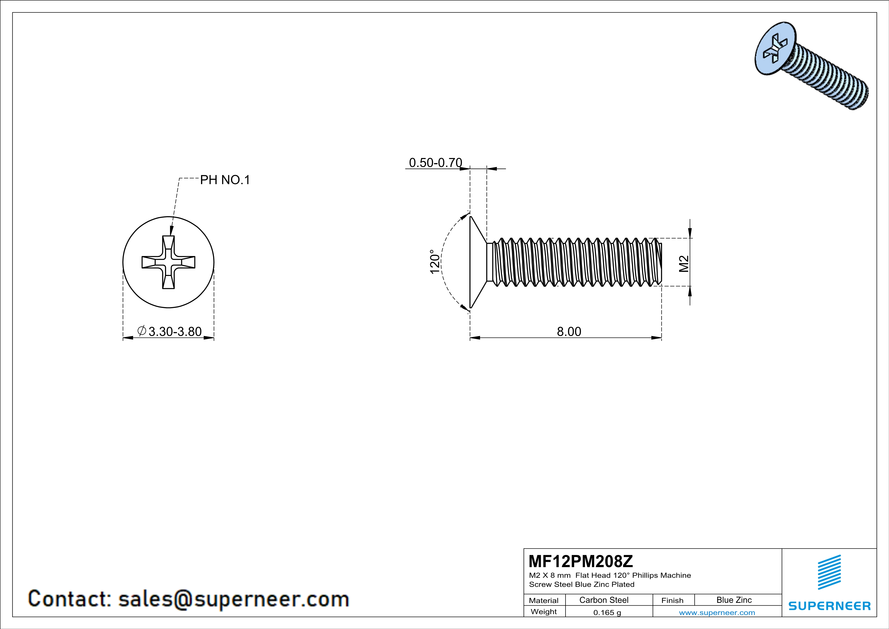 M2 x 8 mm Flat Head 120&deg; Phillips Machine Screw Steel Blue Zinc Plated