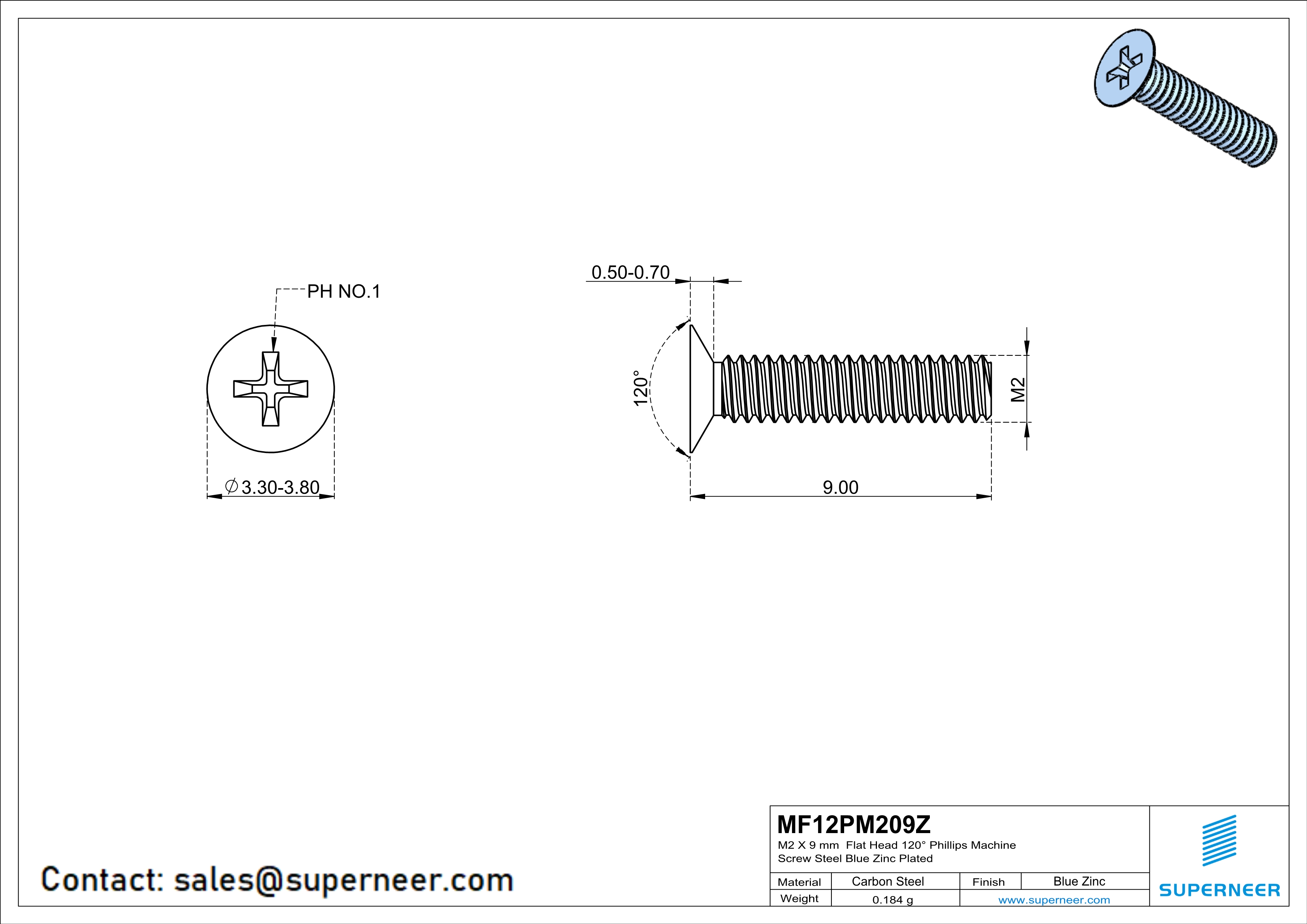 M2 x 9 mm Flat Head 120&deg; Phillips Machine Screw Steel Blue Zinc Plated