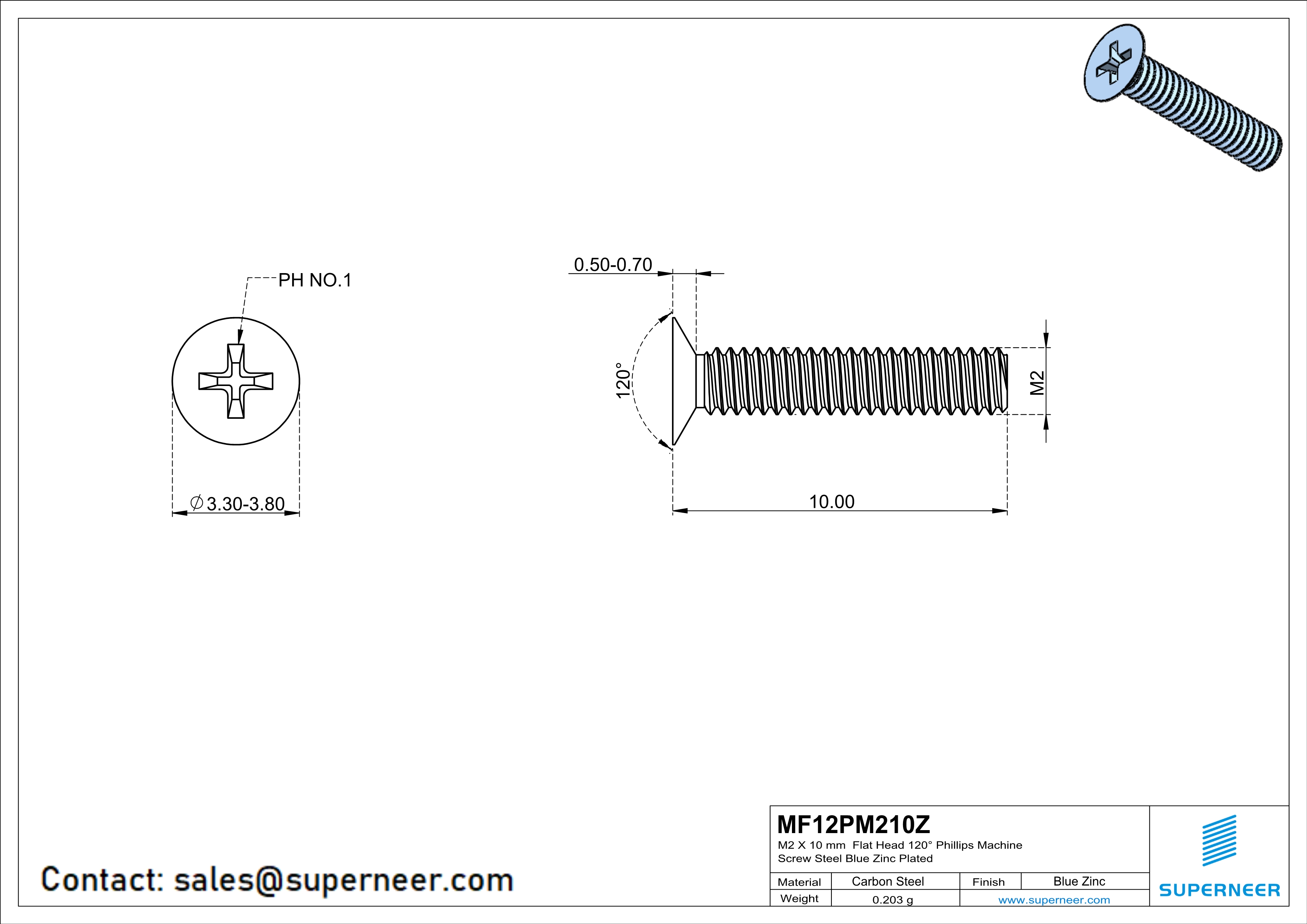 M2 x 10 mm Flat Head 120&deg; Phillips Machine Screw Steel Blue Zinc Plated