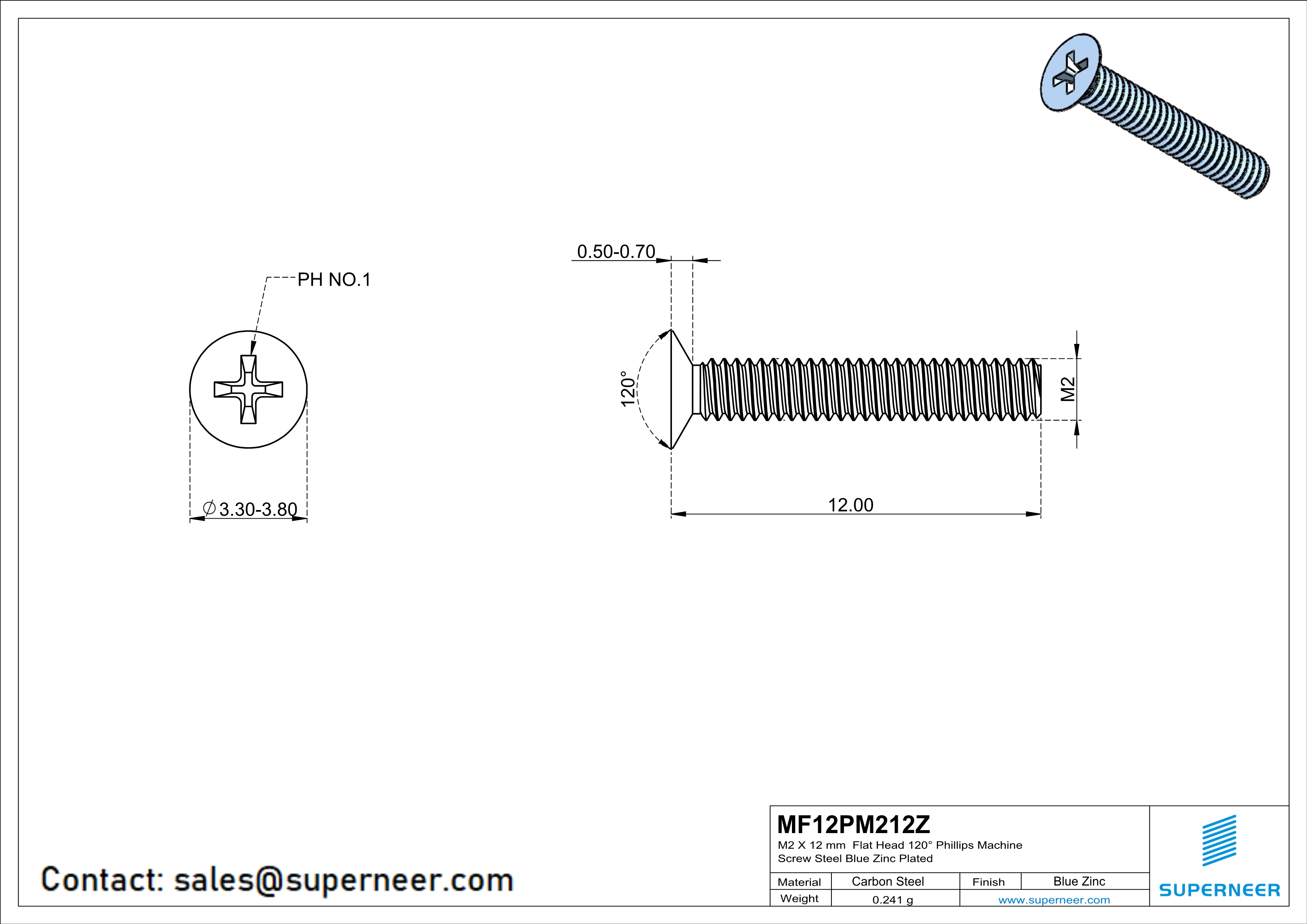 M2 x 12 mm Flat Head 120&deg; Phillips Machine Screw Steel Blue Zinc Plated