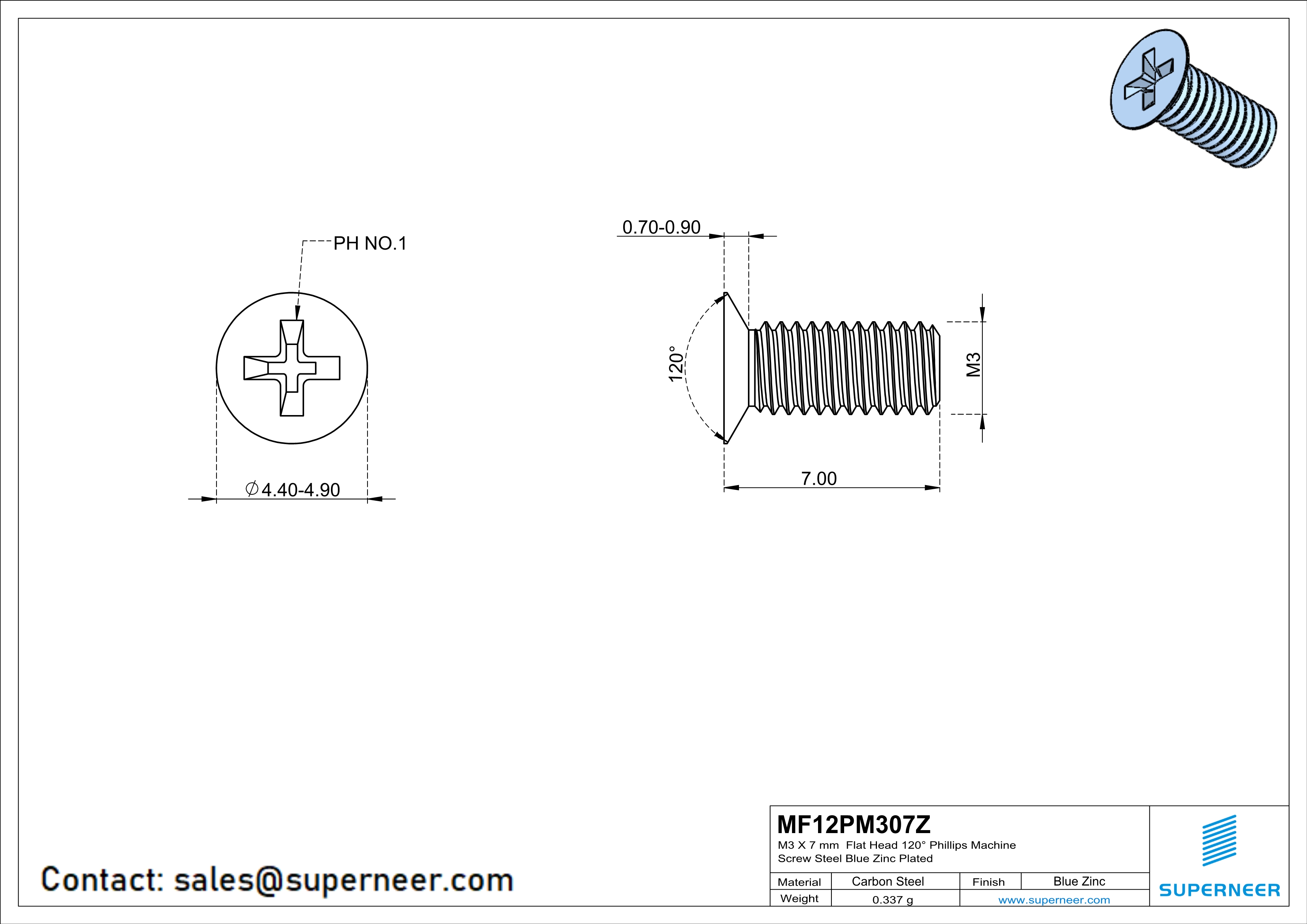 M3 x 7 mm Flat Head 120&deg; Phillips Machine Screw Steel Blue Zinc Plated