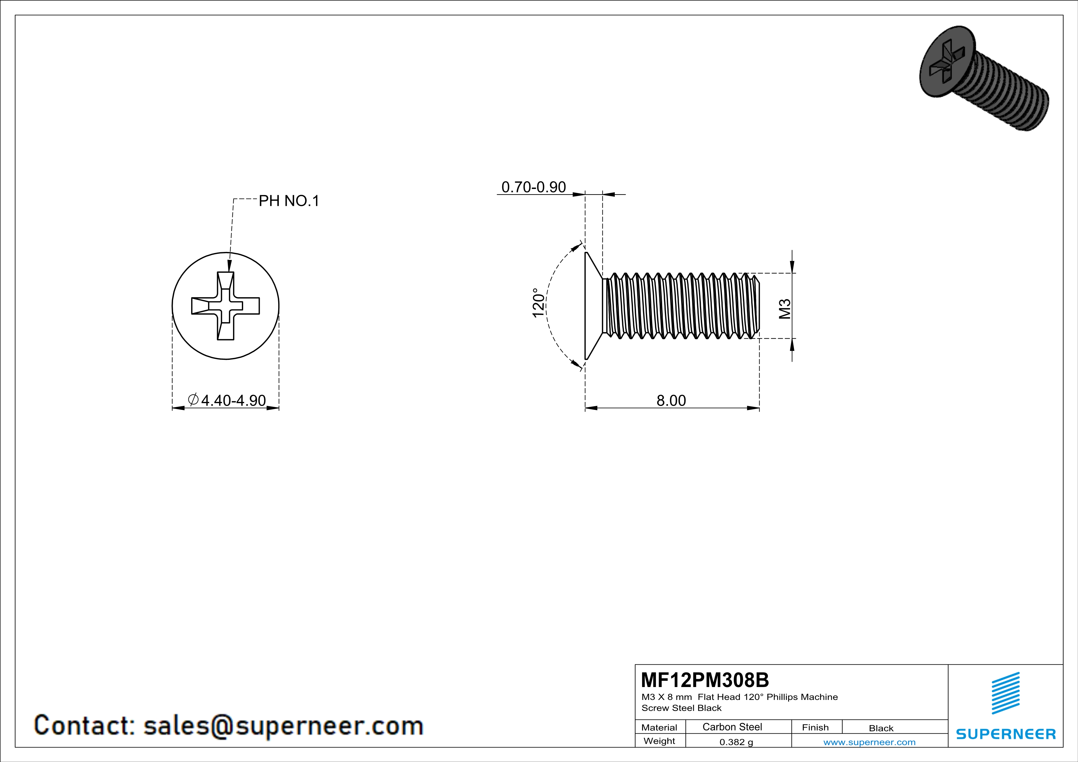 M3 x 8 mm Flat Head 120&deg; Phillips Machine Screw Steel Black