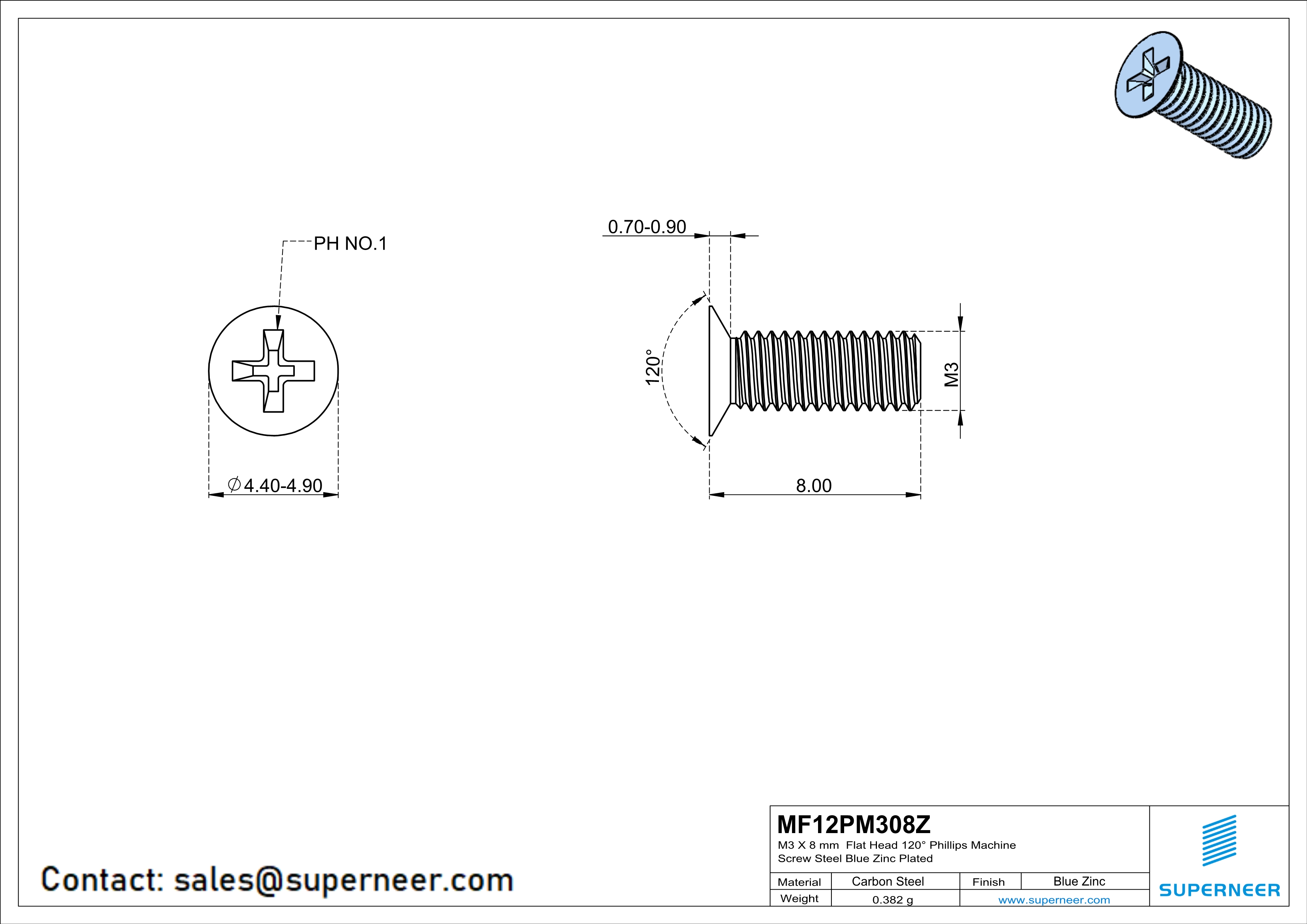 M3 x 8 mm Flat Head 120&deg; Phillips Machine Screw Steel Blue Zinc Plated
