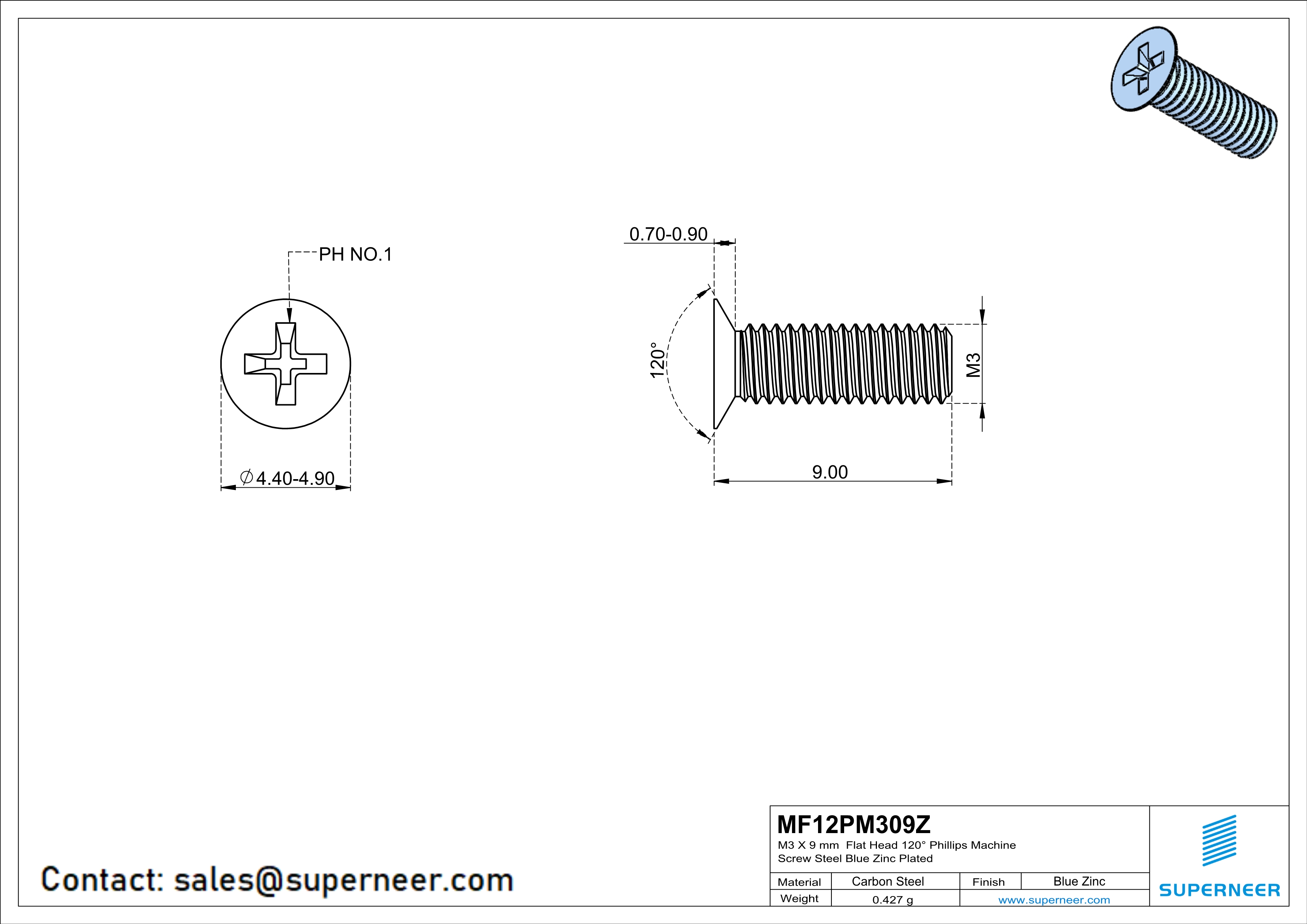 M3 x 9 mm Flat Head 120&deg; Phillips Machine Screw Steel Blue Zinc Plated