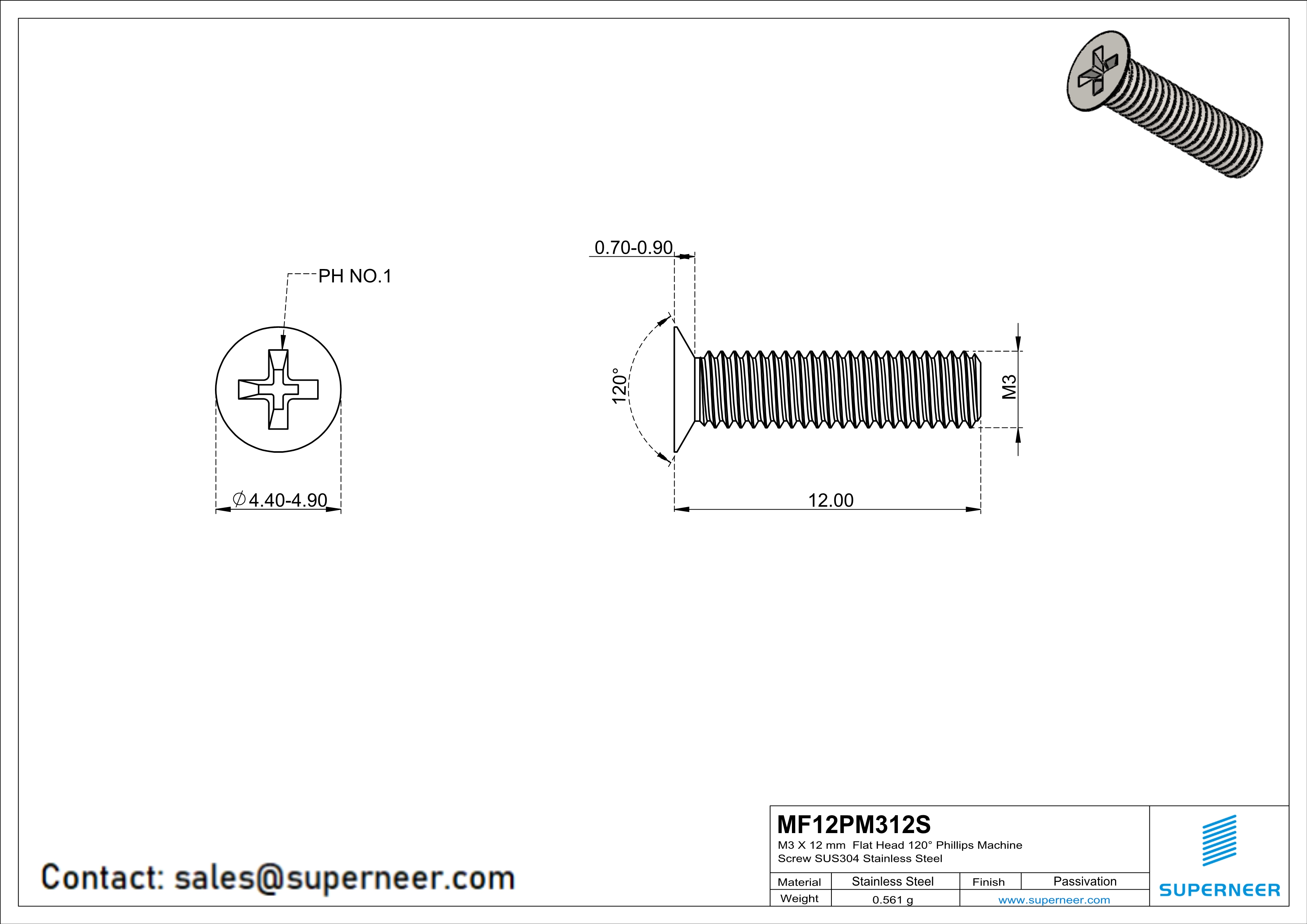 M3 x 12 mm  Flat Head 120&deg; Phillips Machine Screw SUS304 Stainless Steel Inox