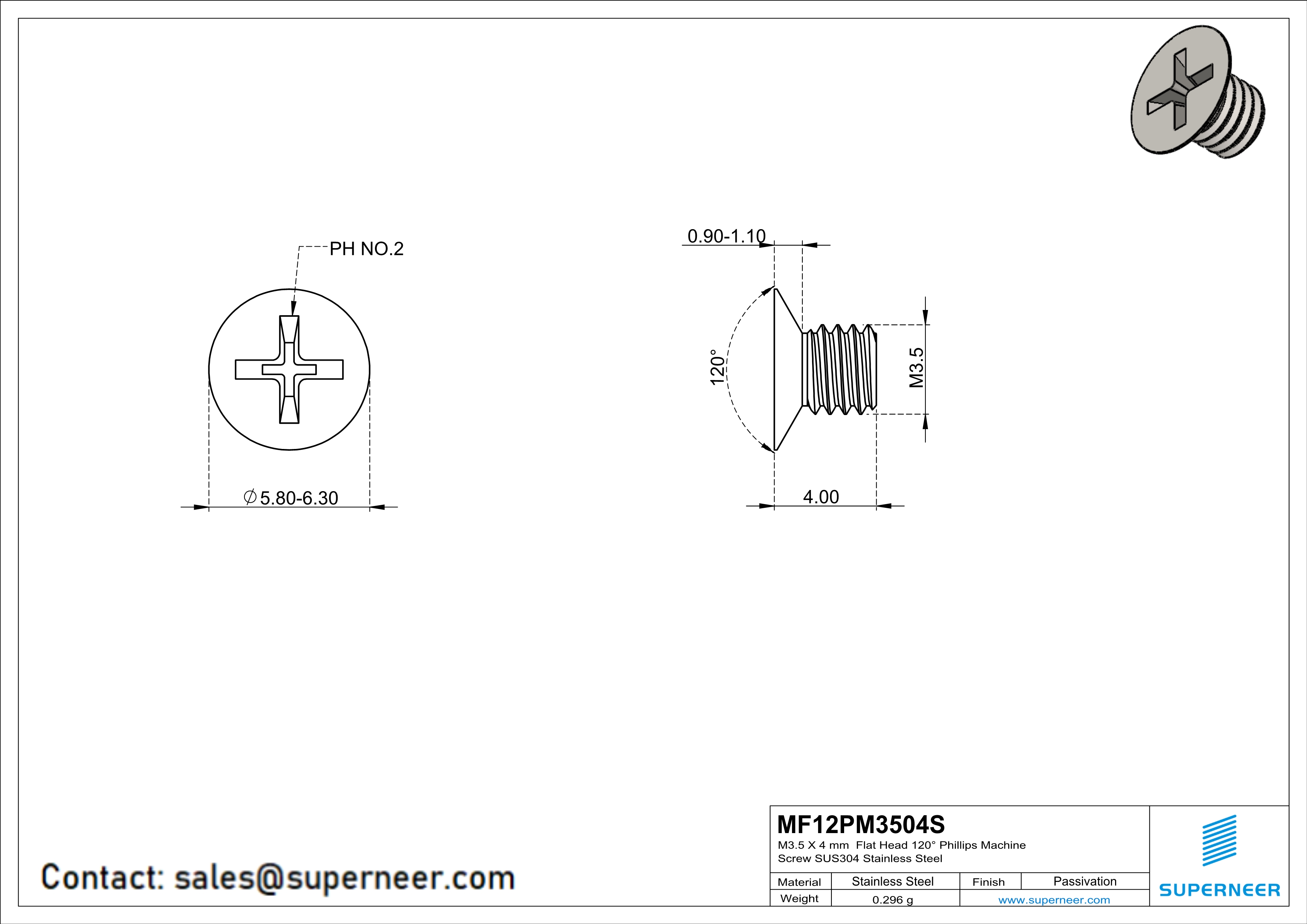 M3.5 x 4 mm  Flat Head 120&deg; Phillips Machine Screw SUS304 Stainless Steel Inox