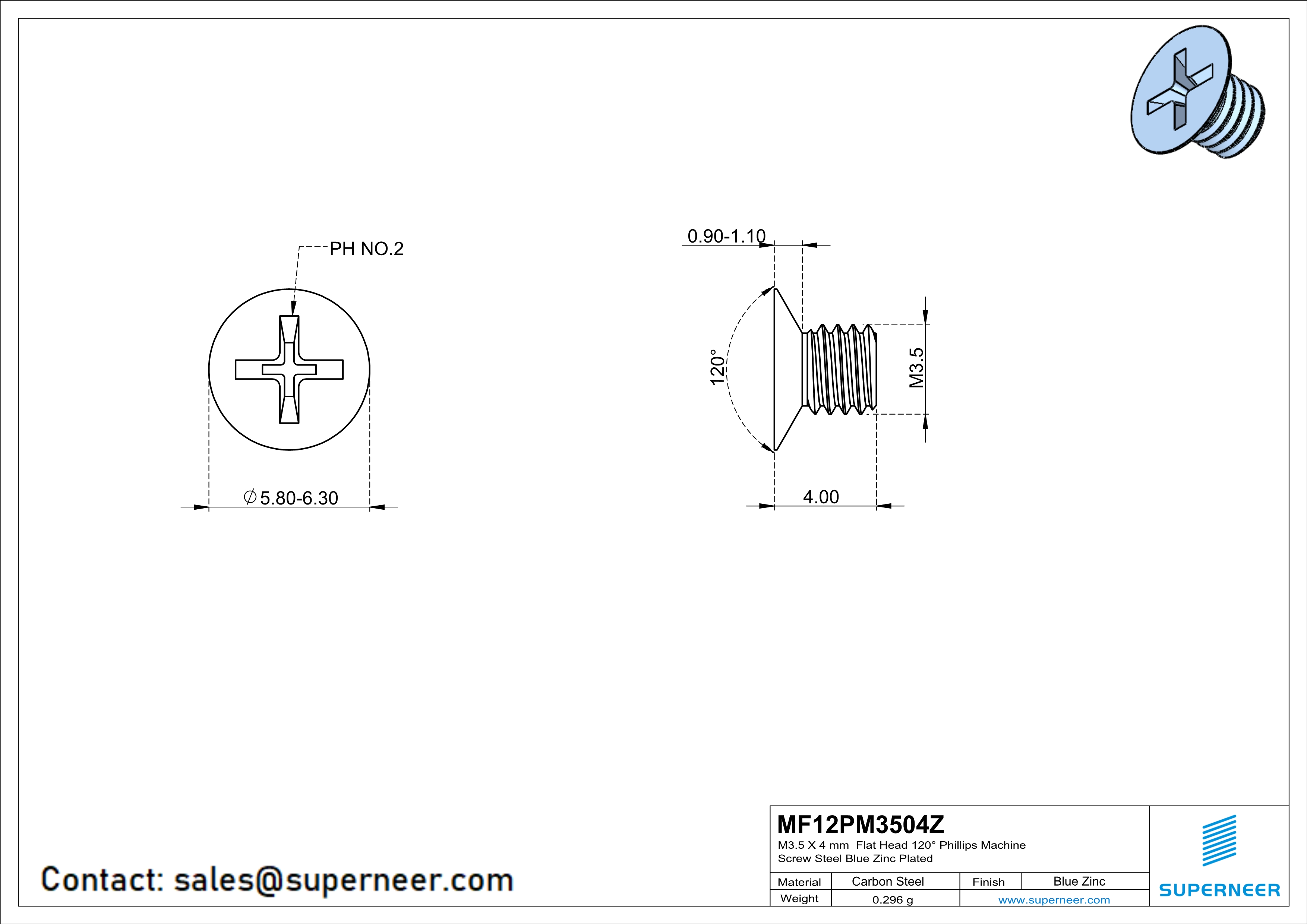 M3.5 x 4 mm Flat Head 120&deg; Phillips Machine Screw Steel Blue Zinc Plated