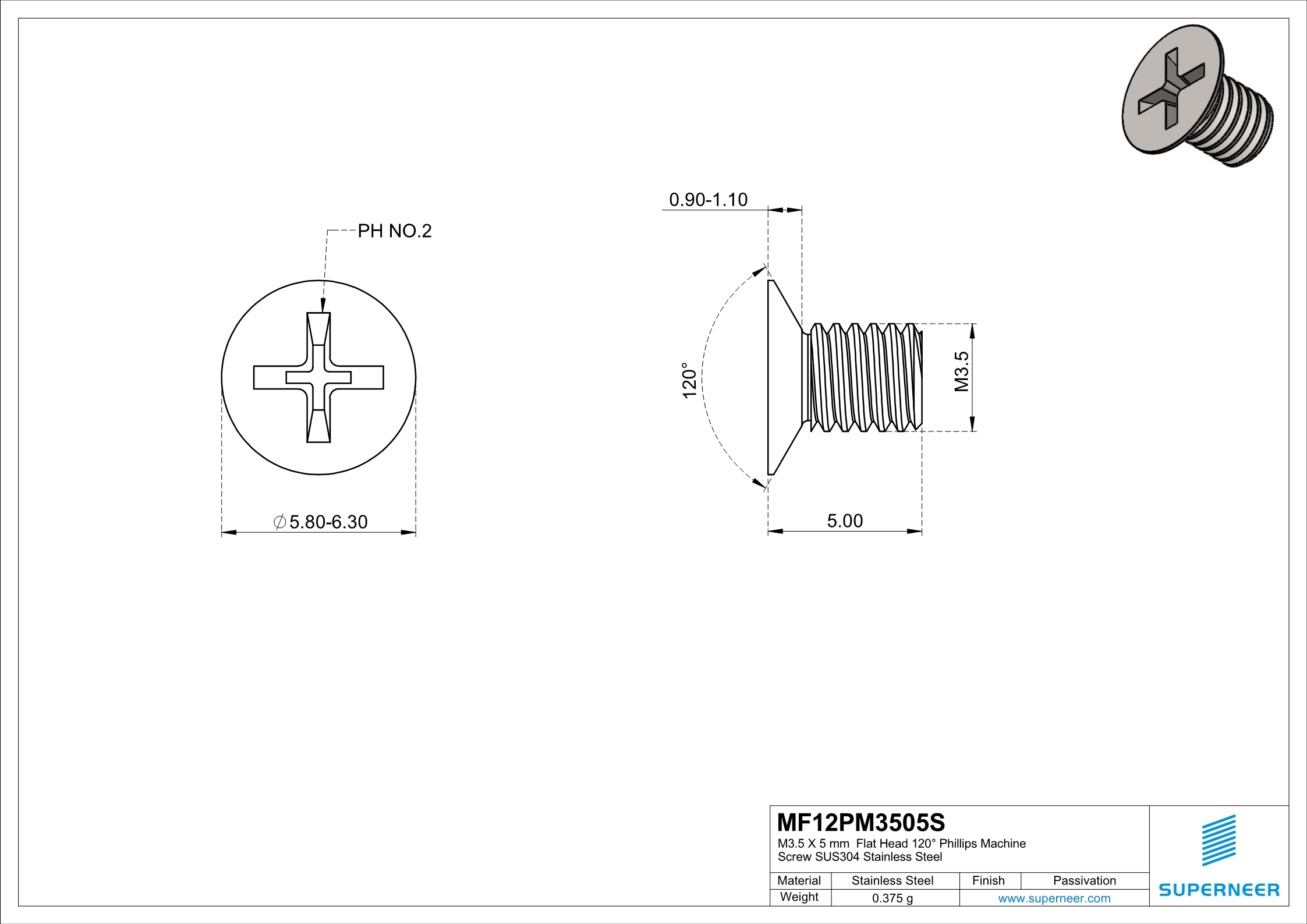 M3.5 x 5 mm  Flat Head 120&deg; Phillips Machine Screw SUS304 Stainless Steel Inox