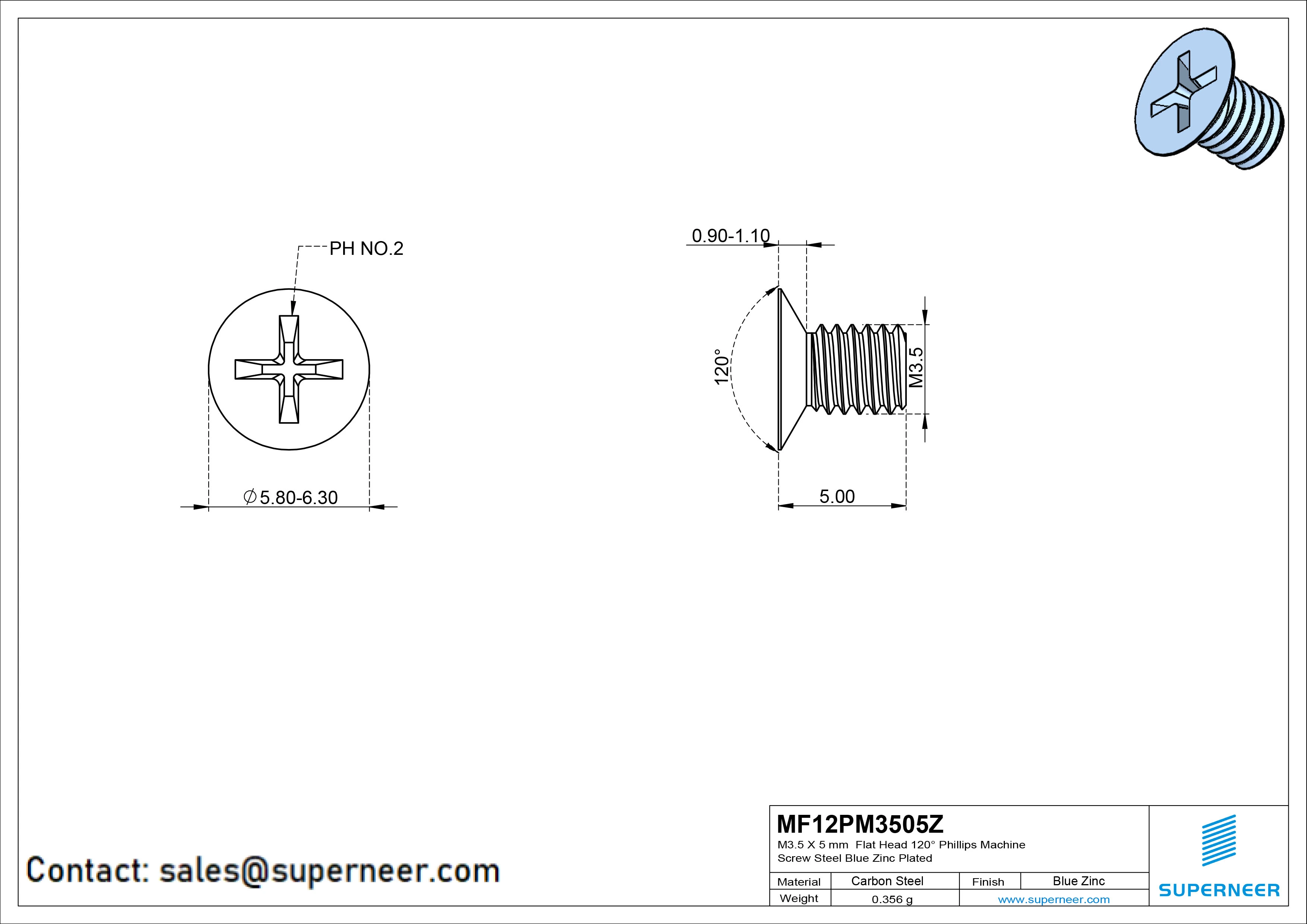 M3.5 x 5 mm Flat Head 120&deg; Phillips Machine Screw Steel Blue Zinc Plated