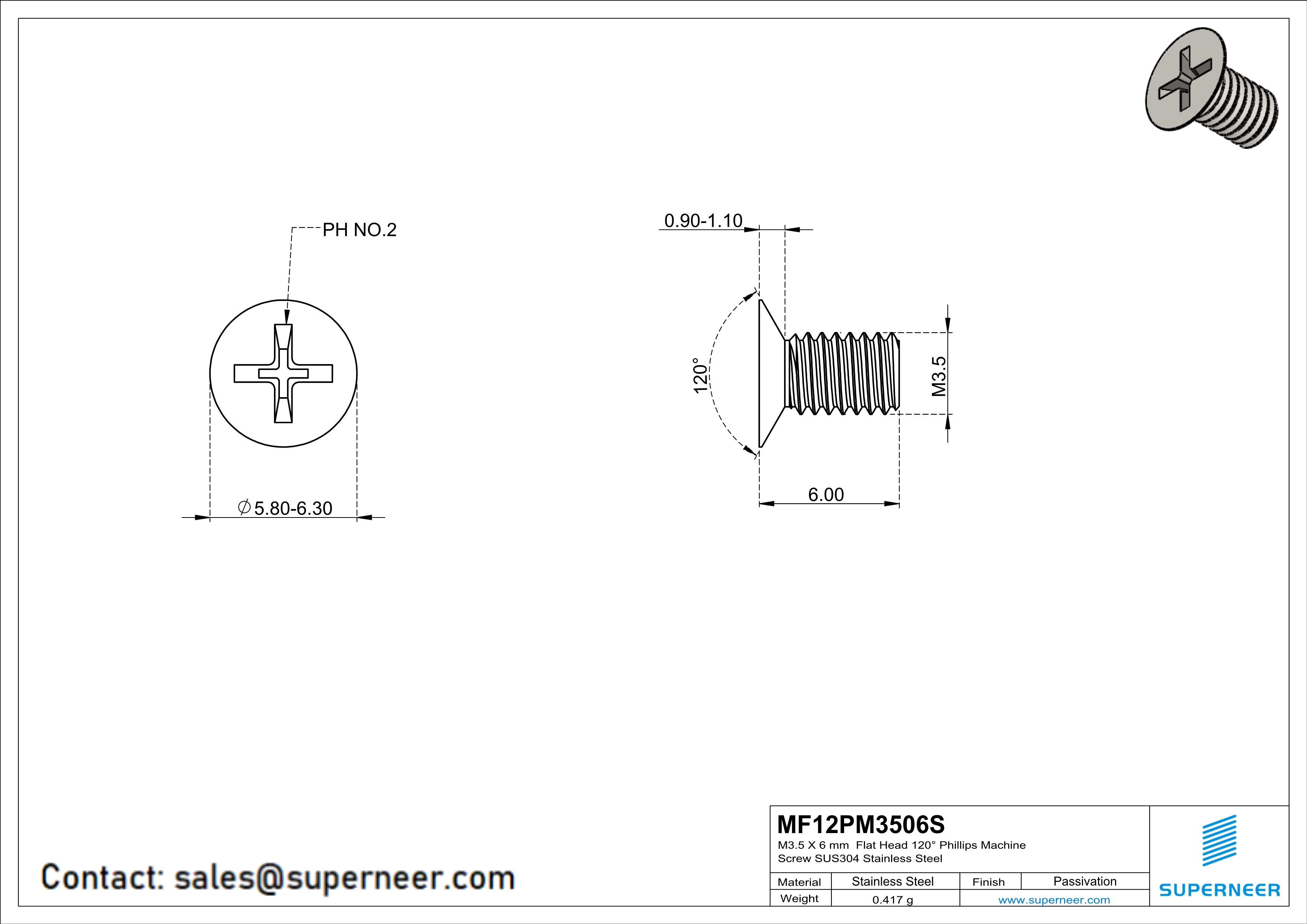 M3.5 x 6 mm  Flat Head 120&deg; Phillips Machine Screw SUS304 Stainless Steel Inox