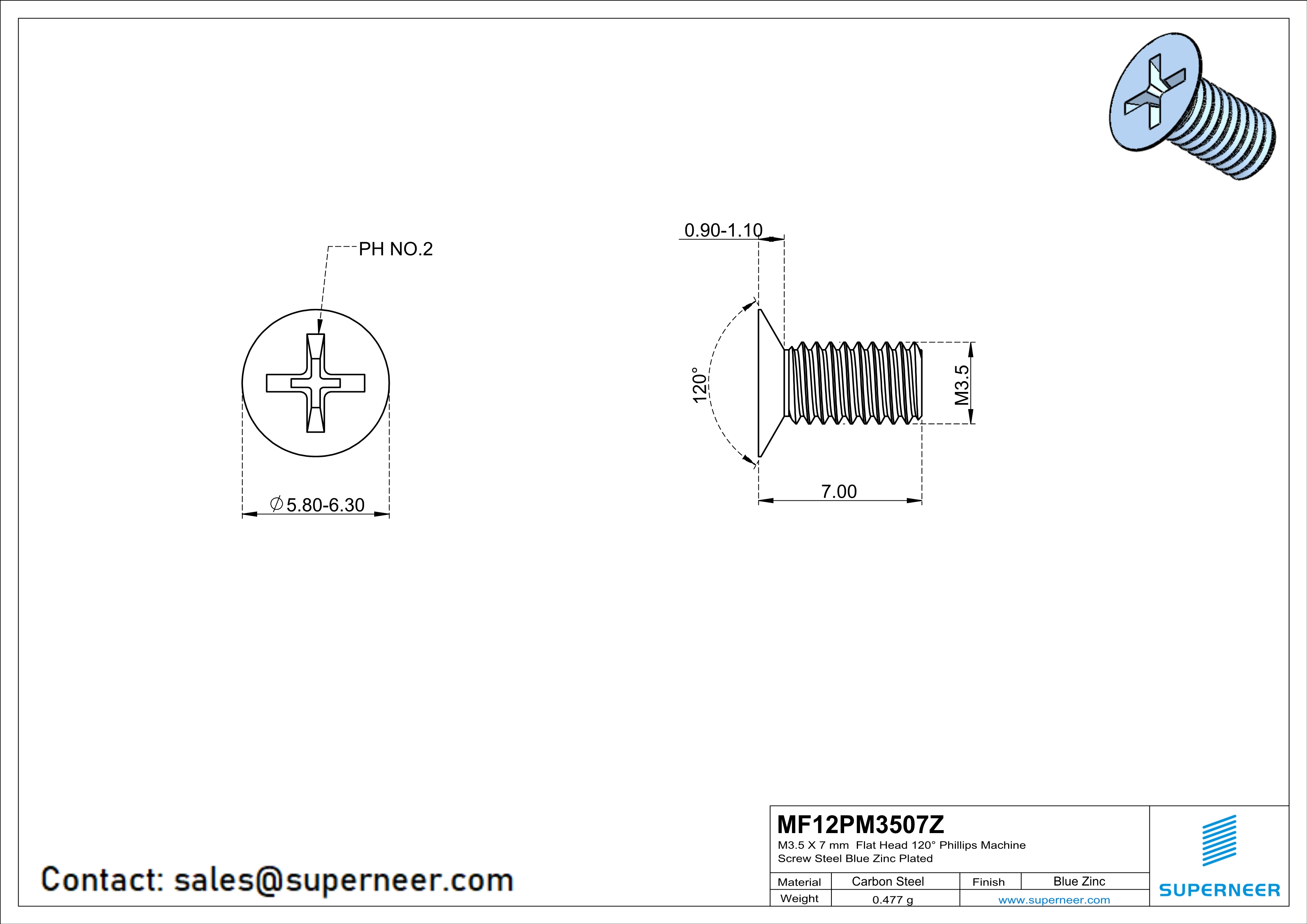 M3.5 x 7 mm Flat Head 120&deg; Phillips Machine Screw Steel Blue Zinc Plated