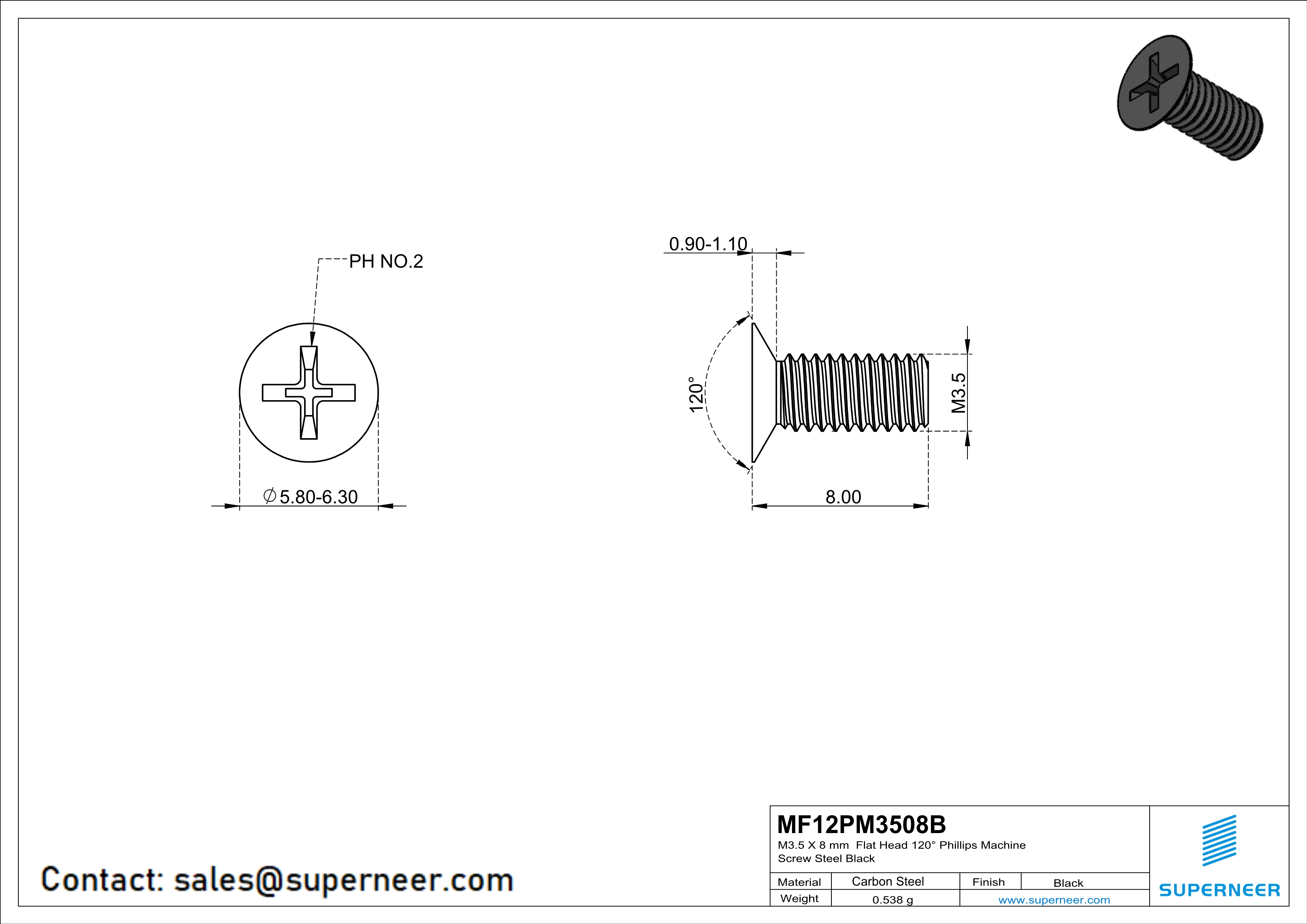 M3.5 x 8 mm Flat Head 120&deg; Phillips Machine Screw Steel Black