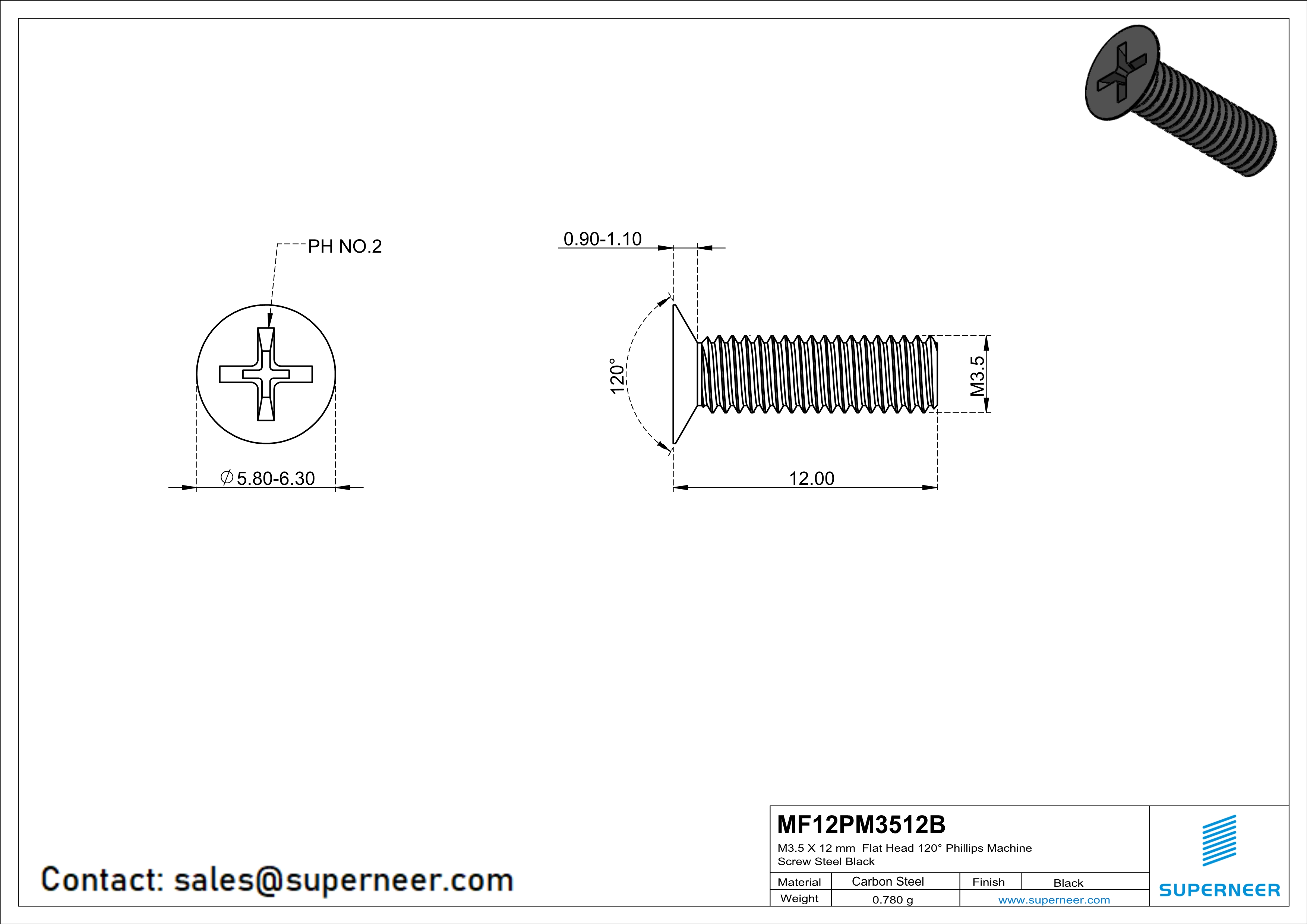 M3.5 x 12 mm Flat Head 120&deg; Phillips Machine Screw Steel Black