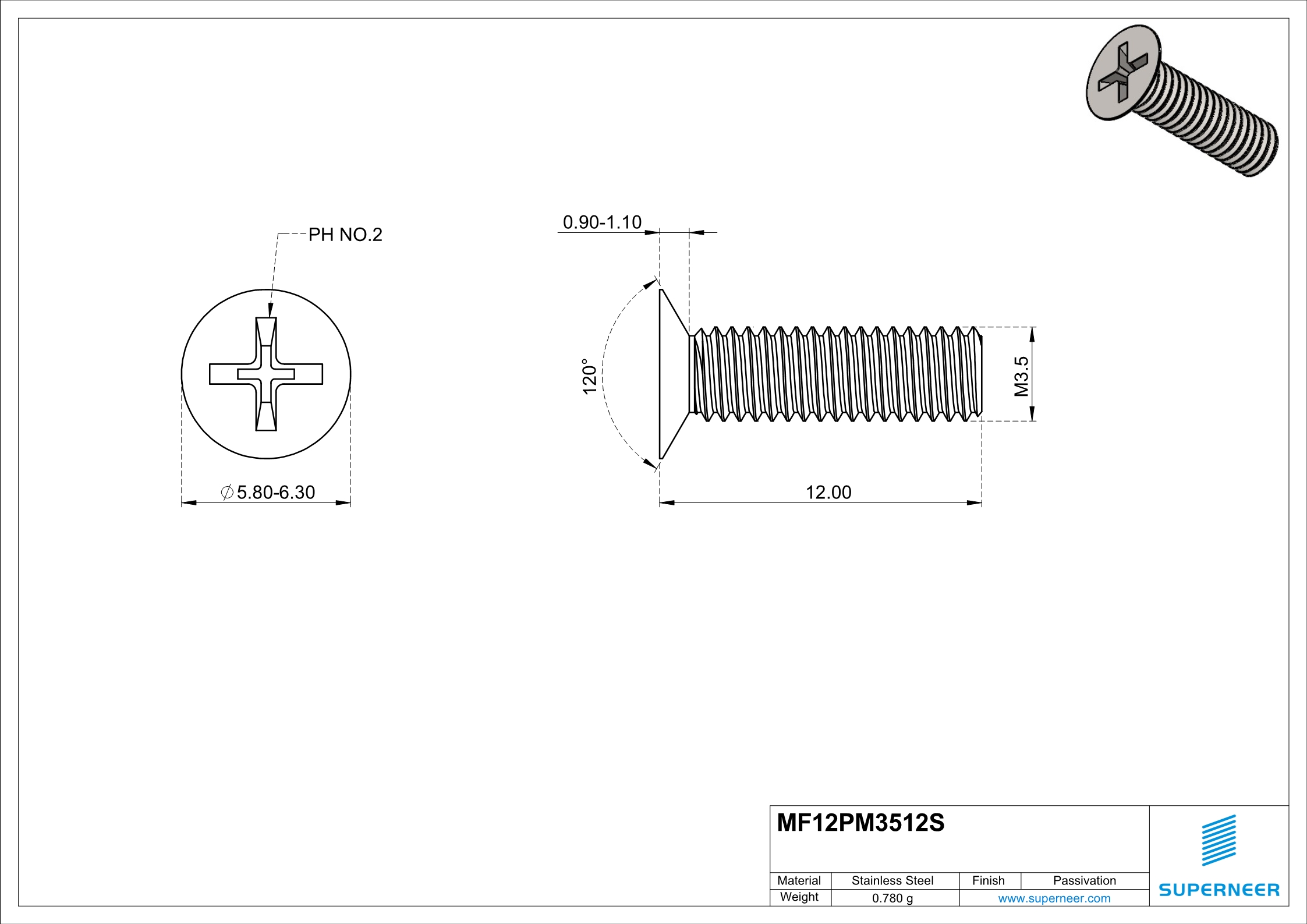 M3.5 x 12 mm  Flat Head 120&deg; Phillips Machine Screw SUS304 Stainless Steel Inox
