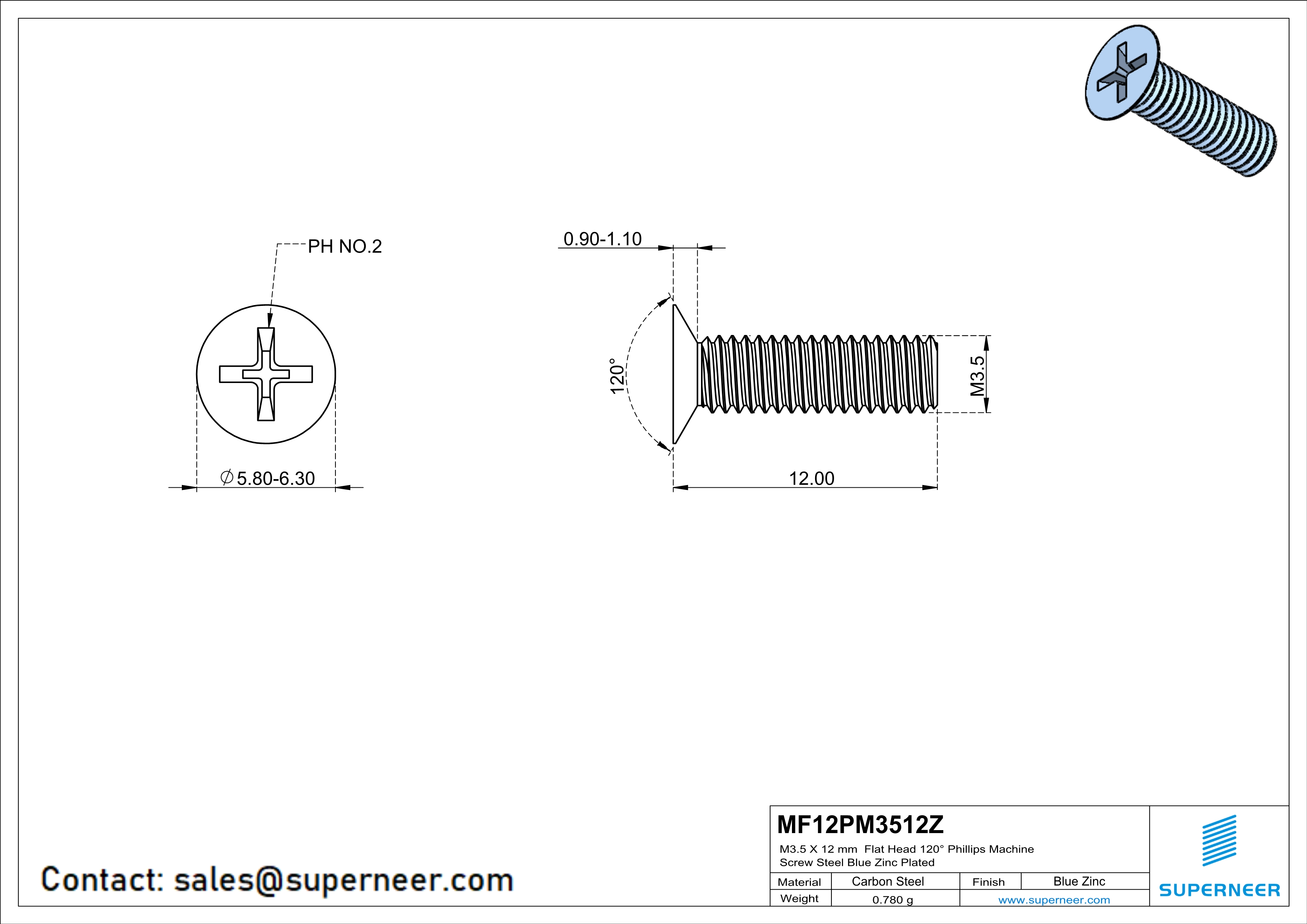 M3.5 x 12 mm Flat Head 120&deg; Phillips Machine Screw Steel Blue Zinc Plated