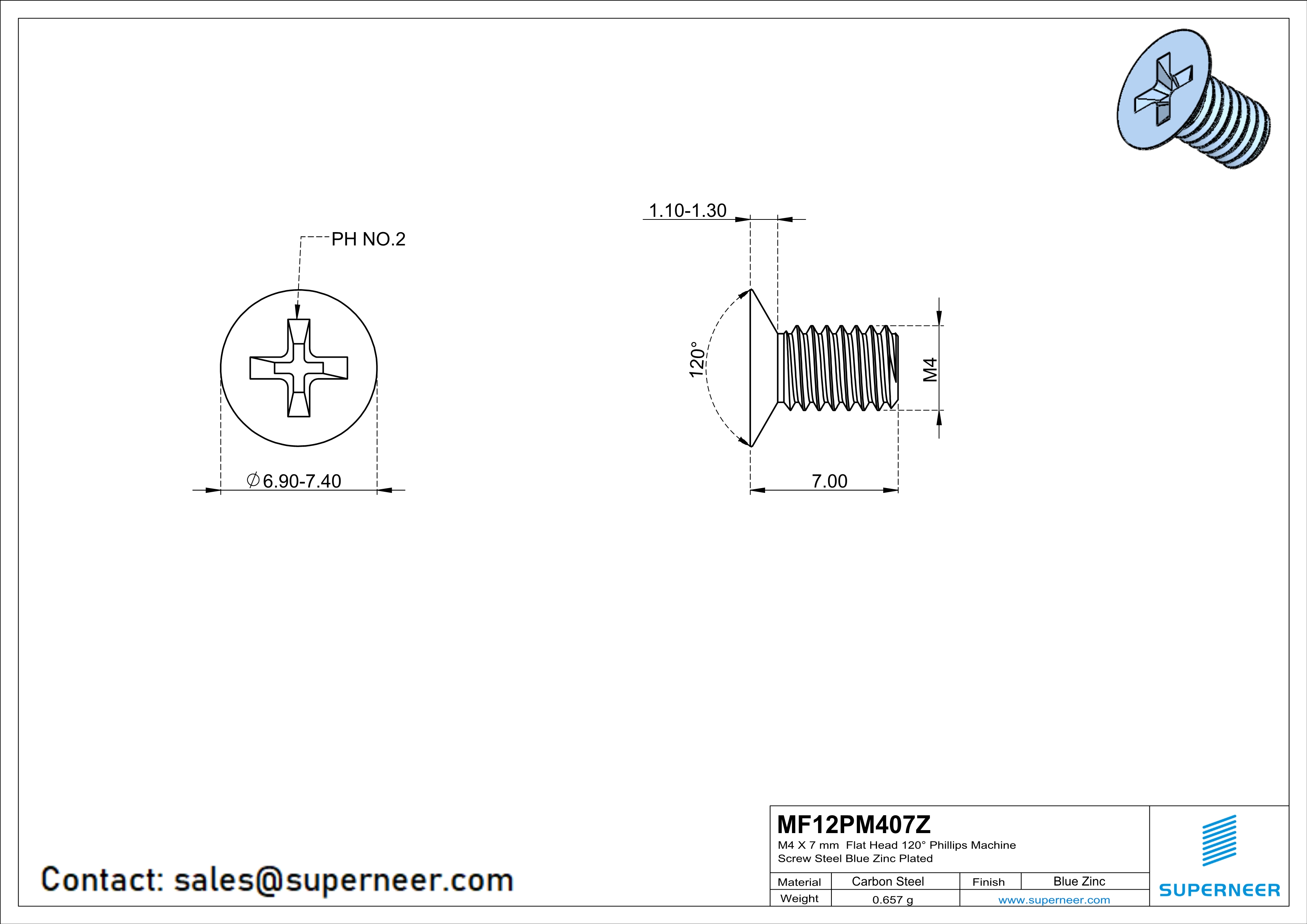 M4 x 7 mm Flat Head 120&deg; Phillips Machine Screw Steel Blue Zinc Plated
