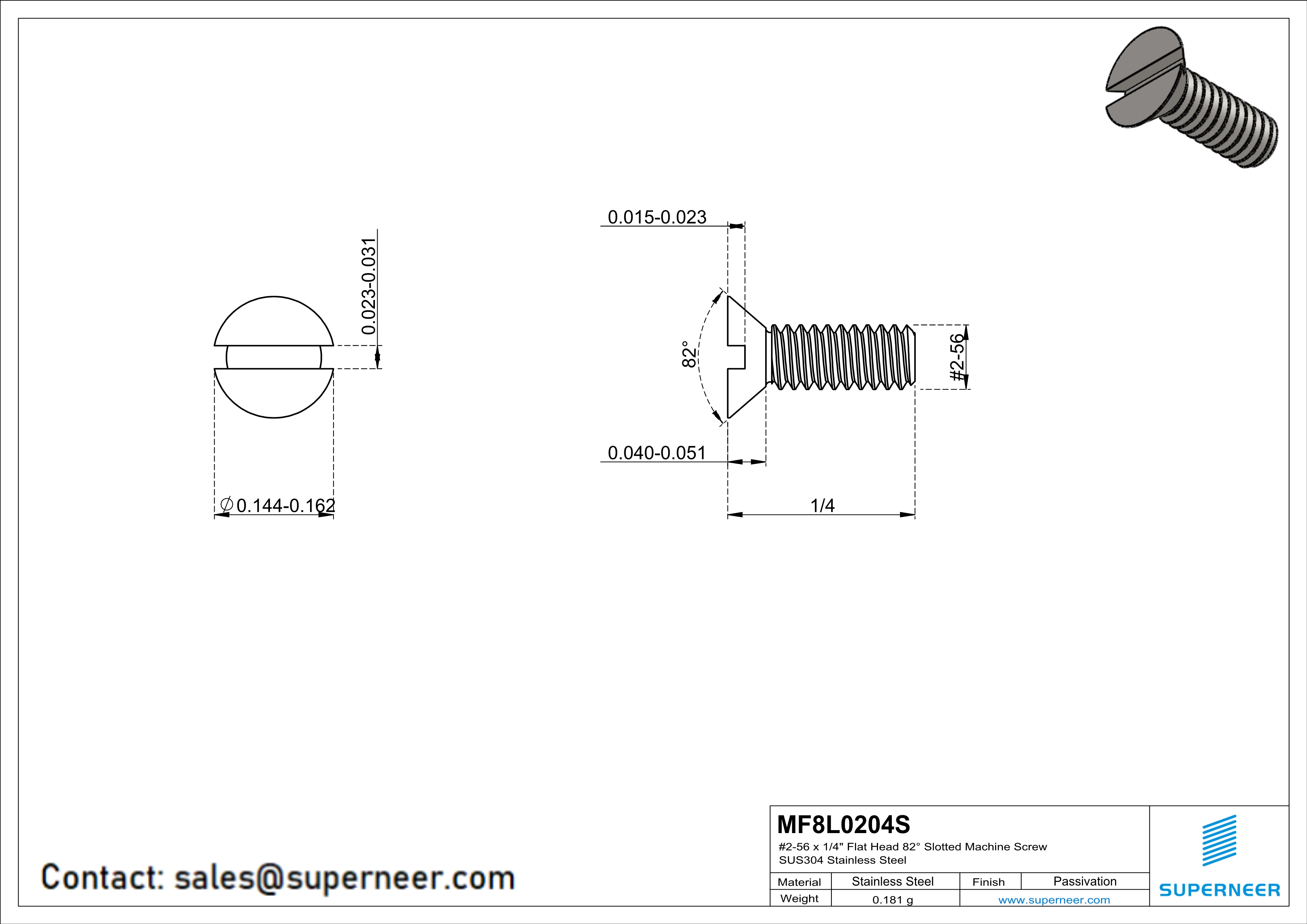 2-56 x 1/4" Flat Head 82&deg; Slotted Machine Screw SUS304 Stainless Steel Inox