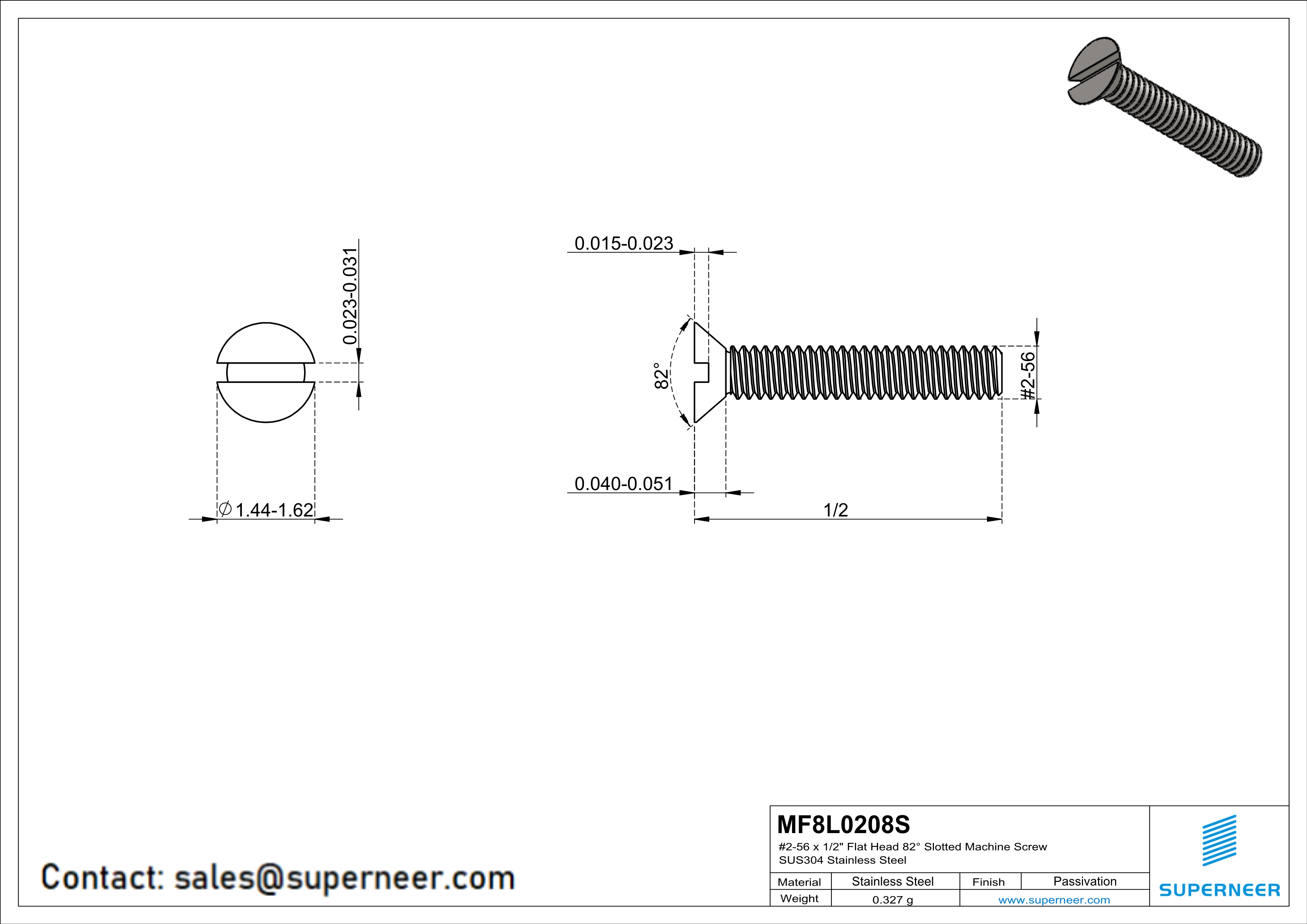 2-56 x 1/2" Flat Head 82&deg; Slotted Machine Screw SUS304 Stainless Steel Inox