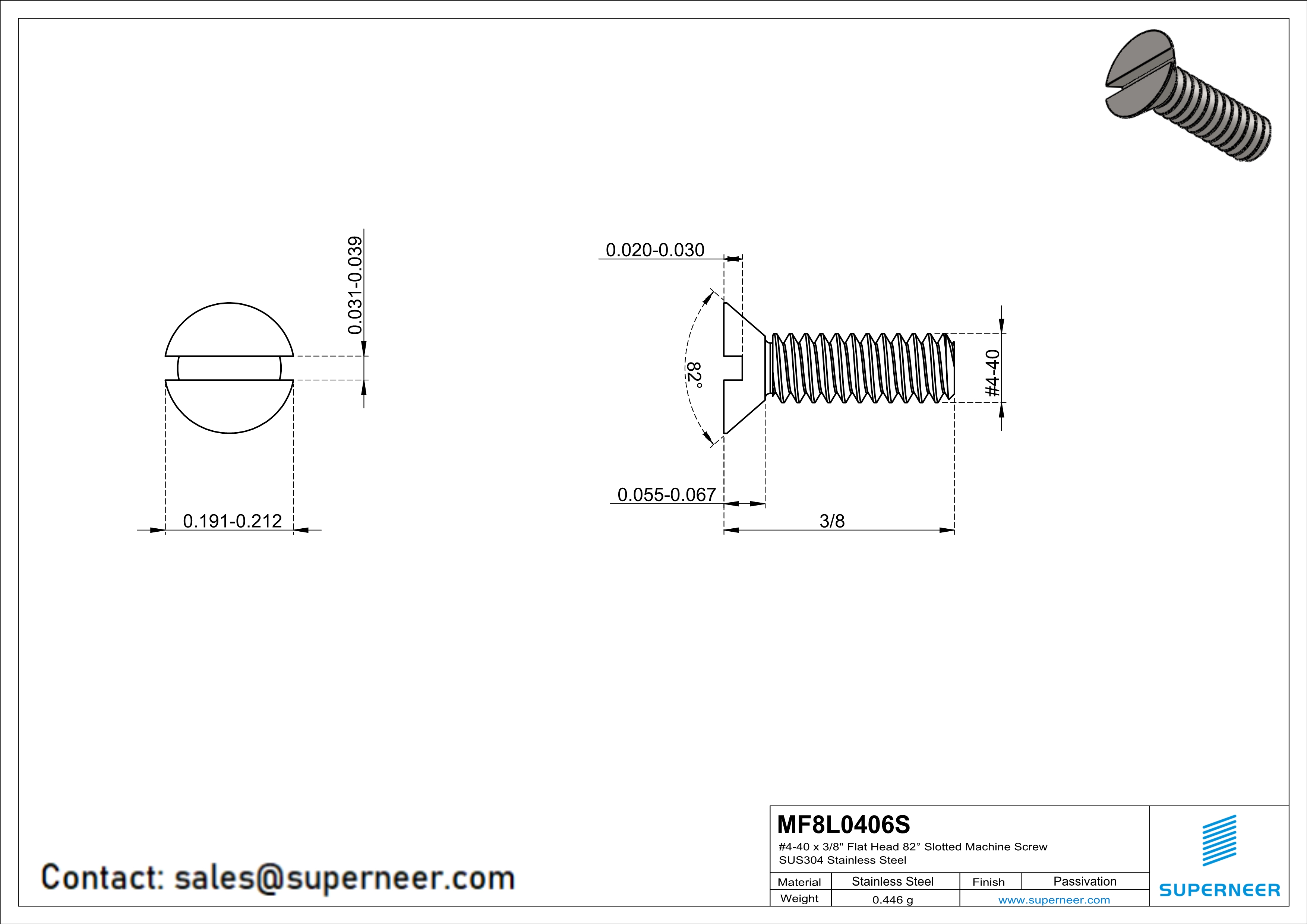 4-40 x 3/8" Flat Head 82&deg; Slotted Machine Screw SUS304 Stainless Steel Inox