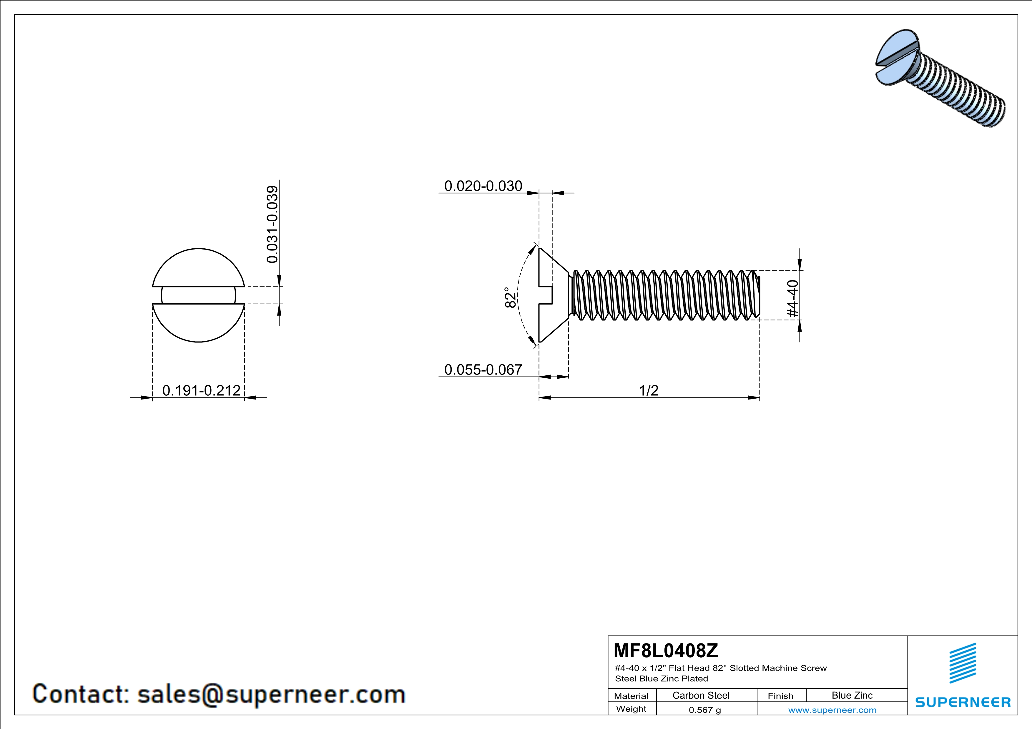 4-40 x 1/2"Flat Head 82&deg; Slotted Machine Screw Steel Blue Zinc Plated