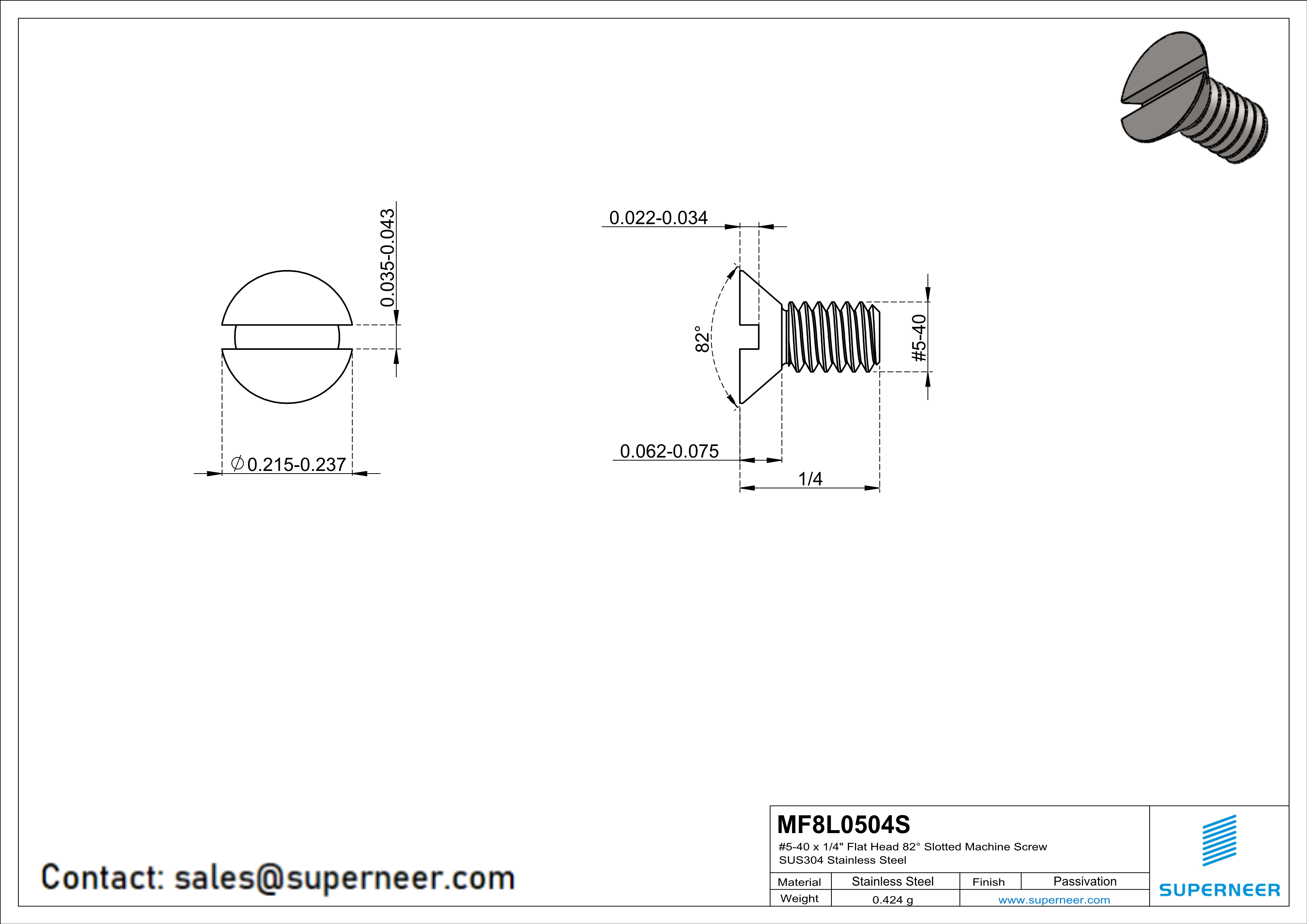 5-40 x 1/4" Flat Head 82&deg; Slotted Machine Screw SUS304 Stainless Steel Inox