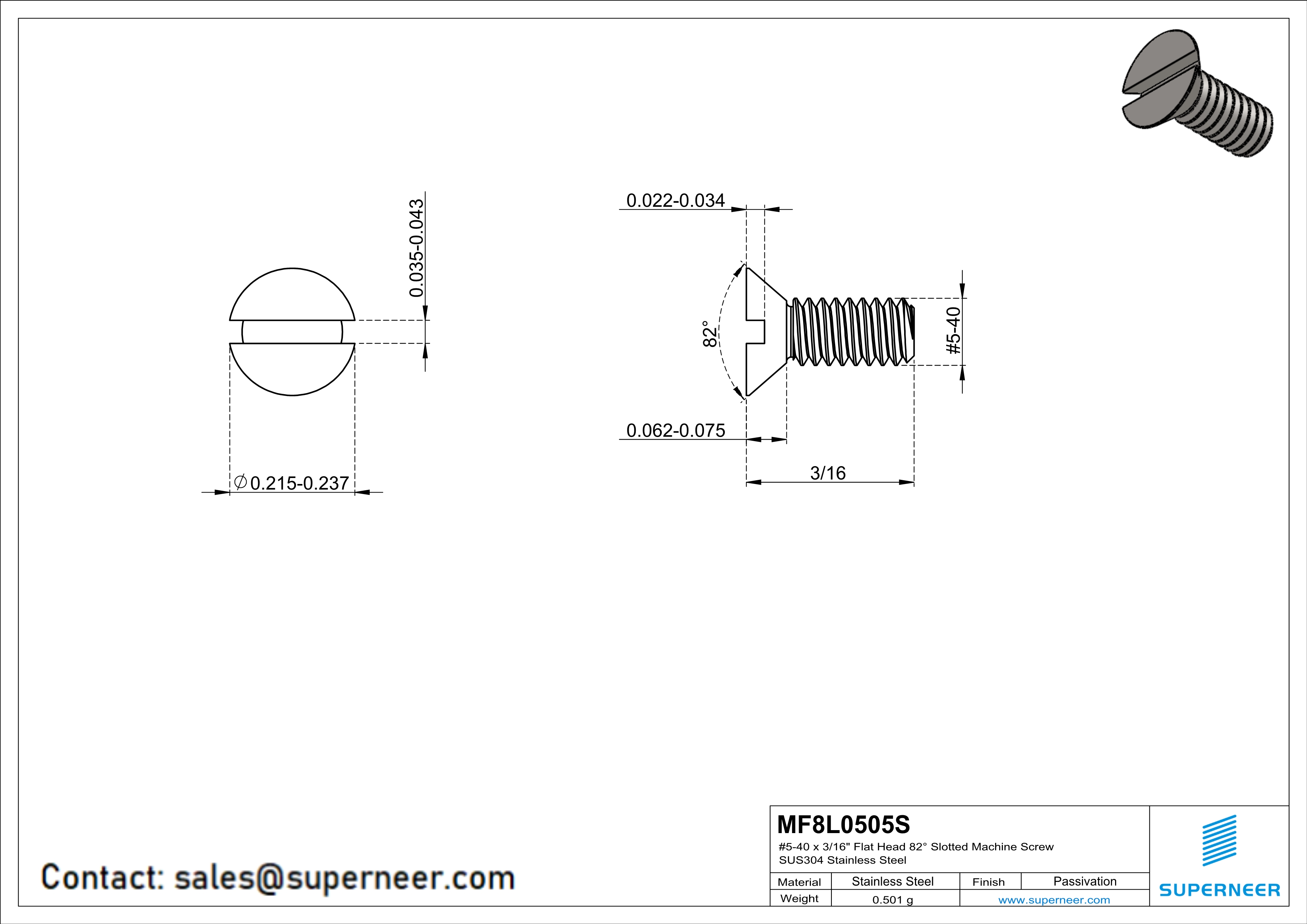 5-40 x 5/16" Flat Head 82&deg; Slotted Machine Screw SUS304 Stainless Steel Inox