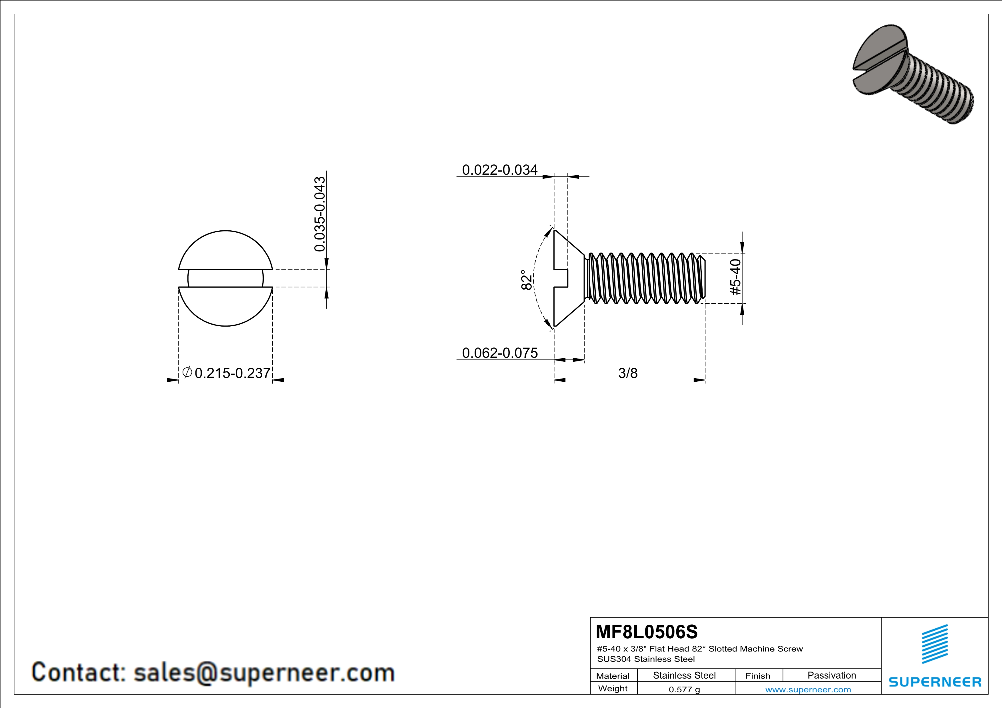 5-40 x 3/8" Flat Head 82&deg; Slotted Machine Screw SUS304 Stainless Steel Inox