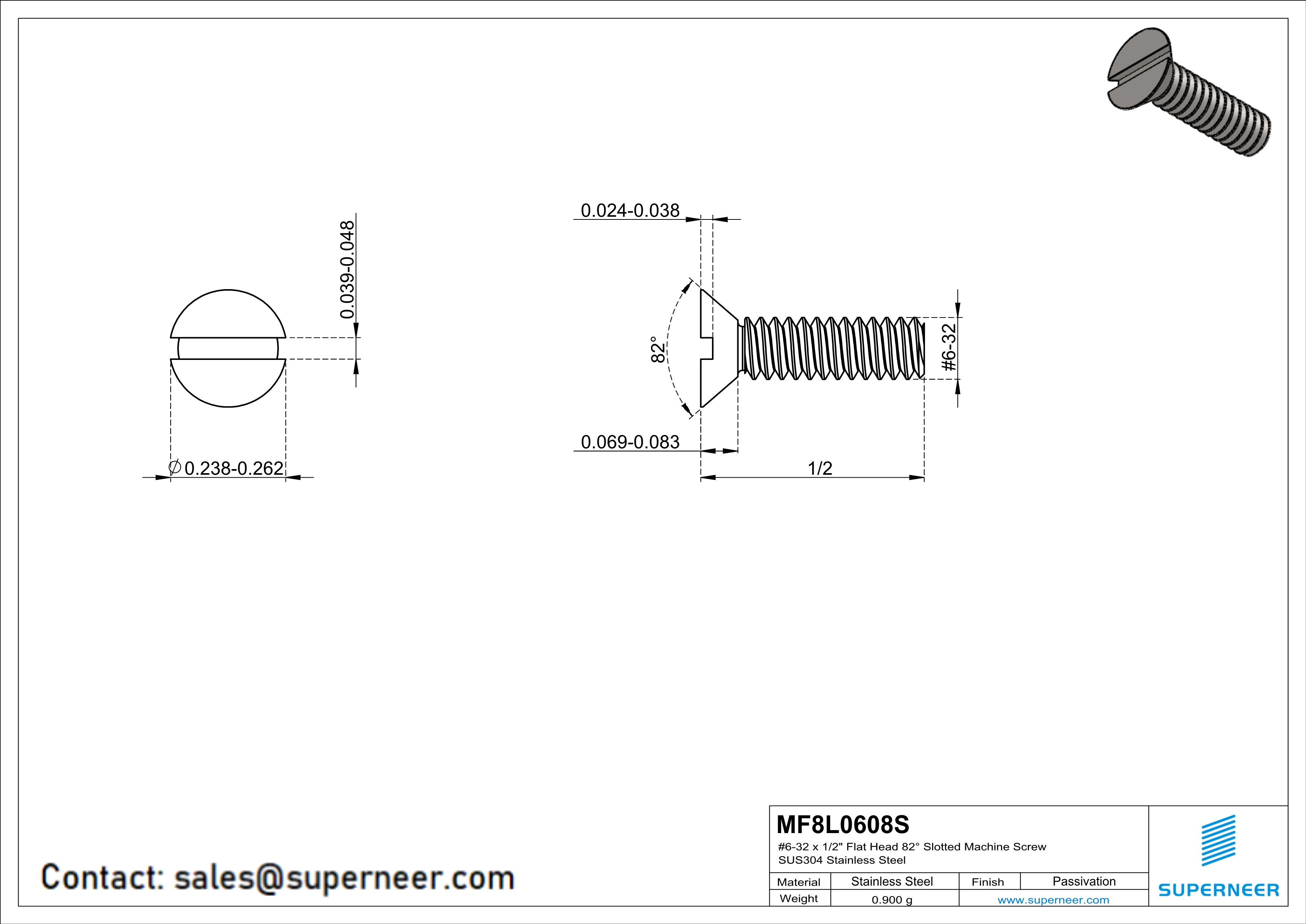 6-32 x 1/2" Flat Head 82&deg; Slotted Machine Screw SUS304 Stainless Steel Inox
