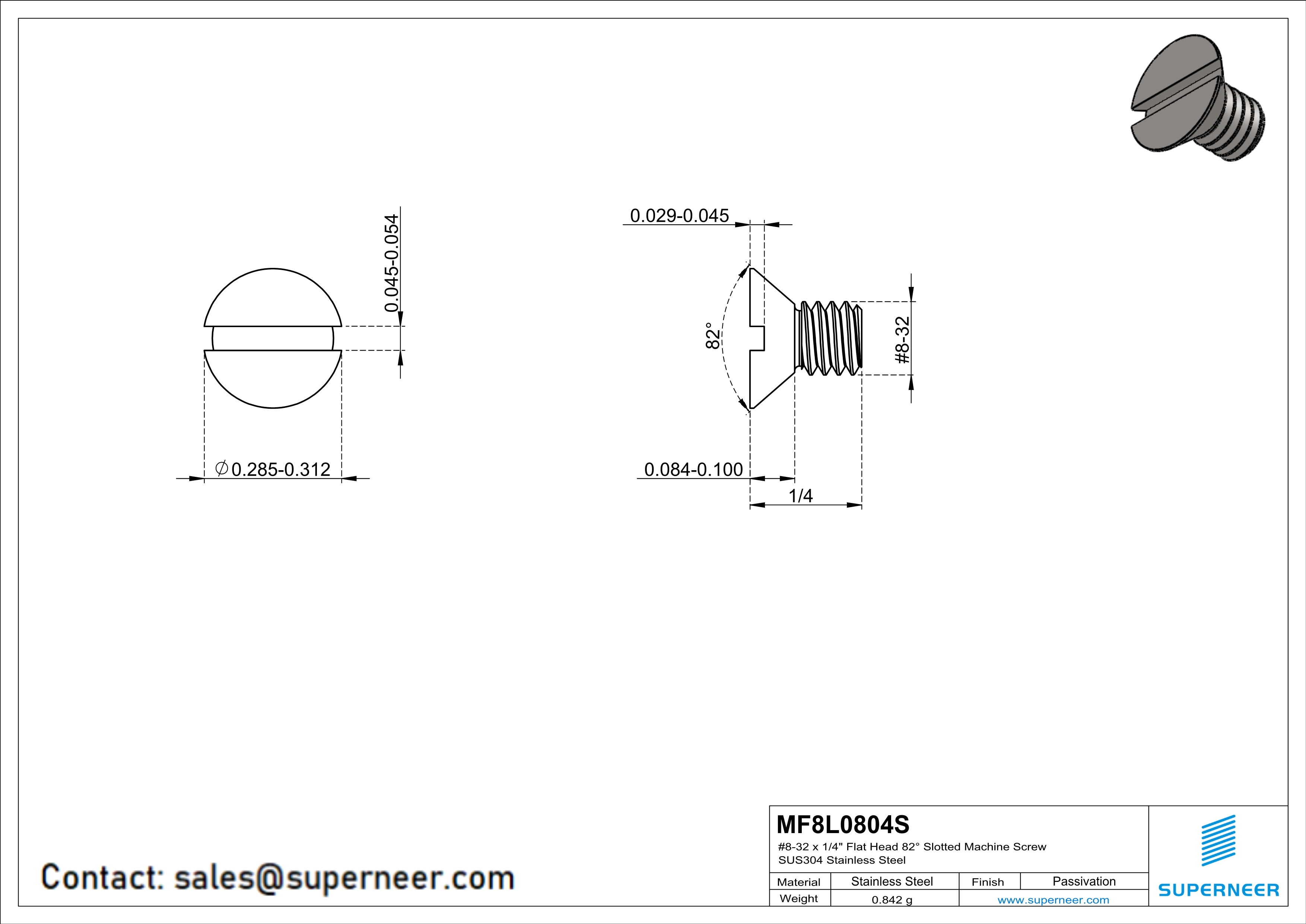 8-32 x 1/4" Flat Head 82&deg; Slotted Machine Screw SUS304 Stainless Steel Inox