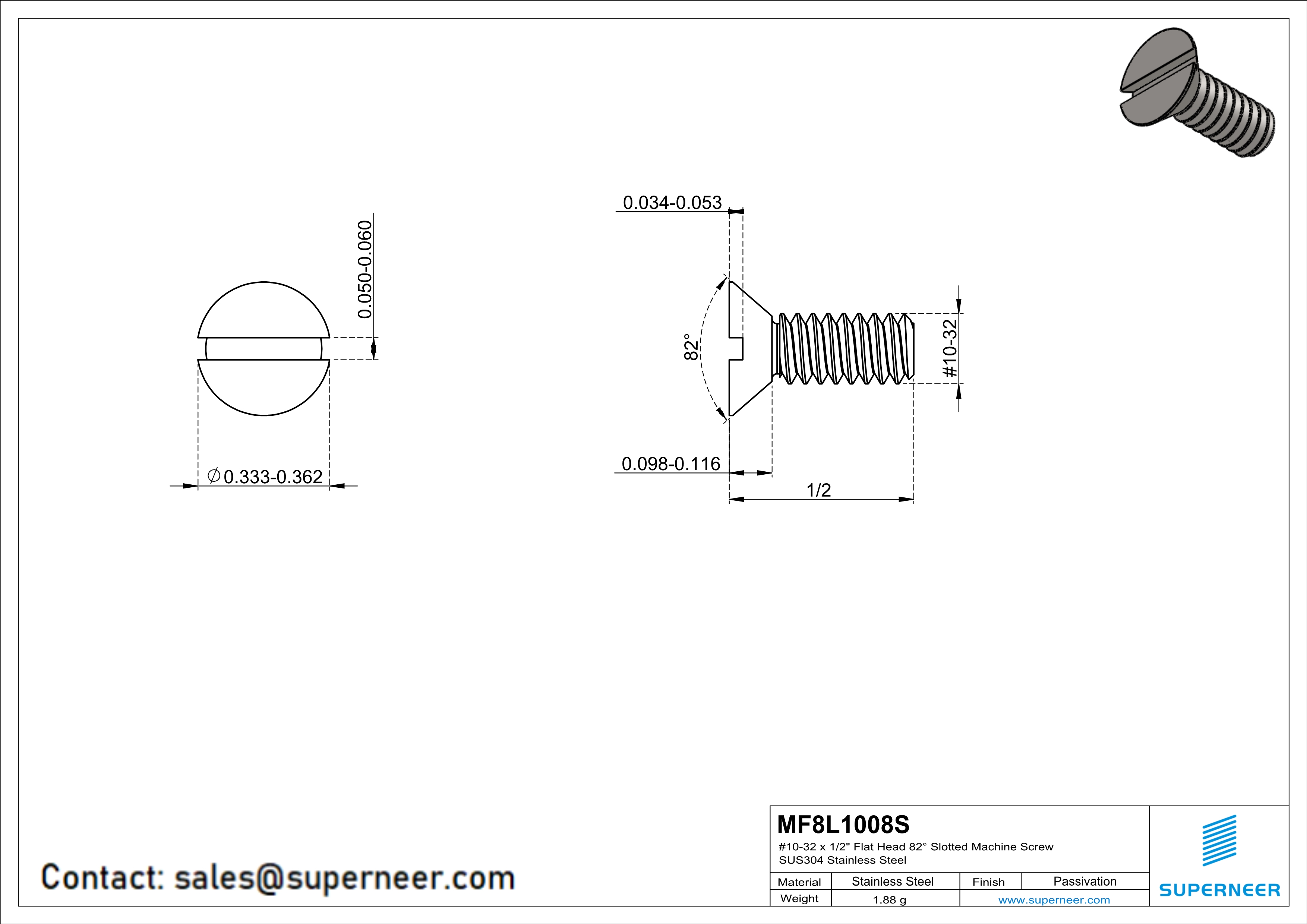 10-32 x 1/2" Flat Head 82&deg; Slotted Machine Screw SUS304 Stainless Steel Inox