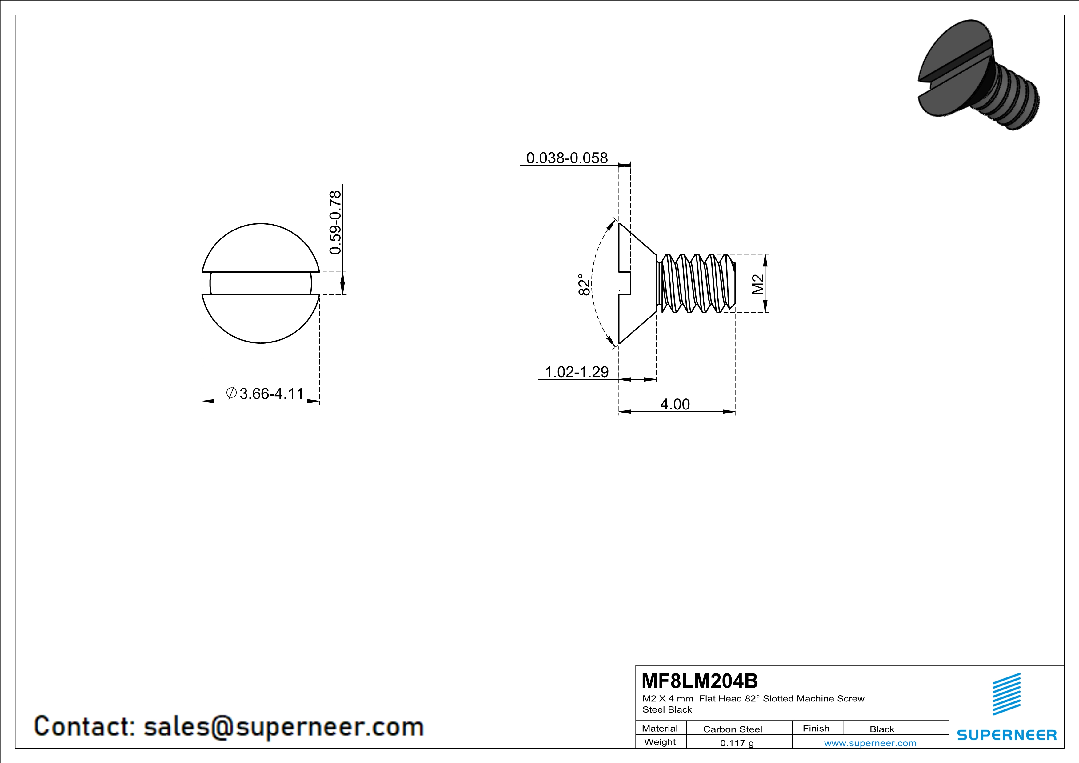 M2 x 4 mm Flat Head 82&deg; Slotted Machine Screw Steel Black