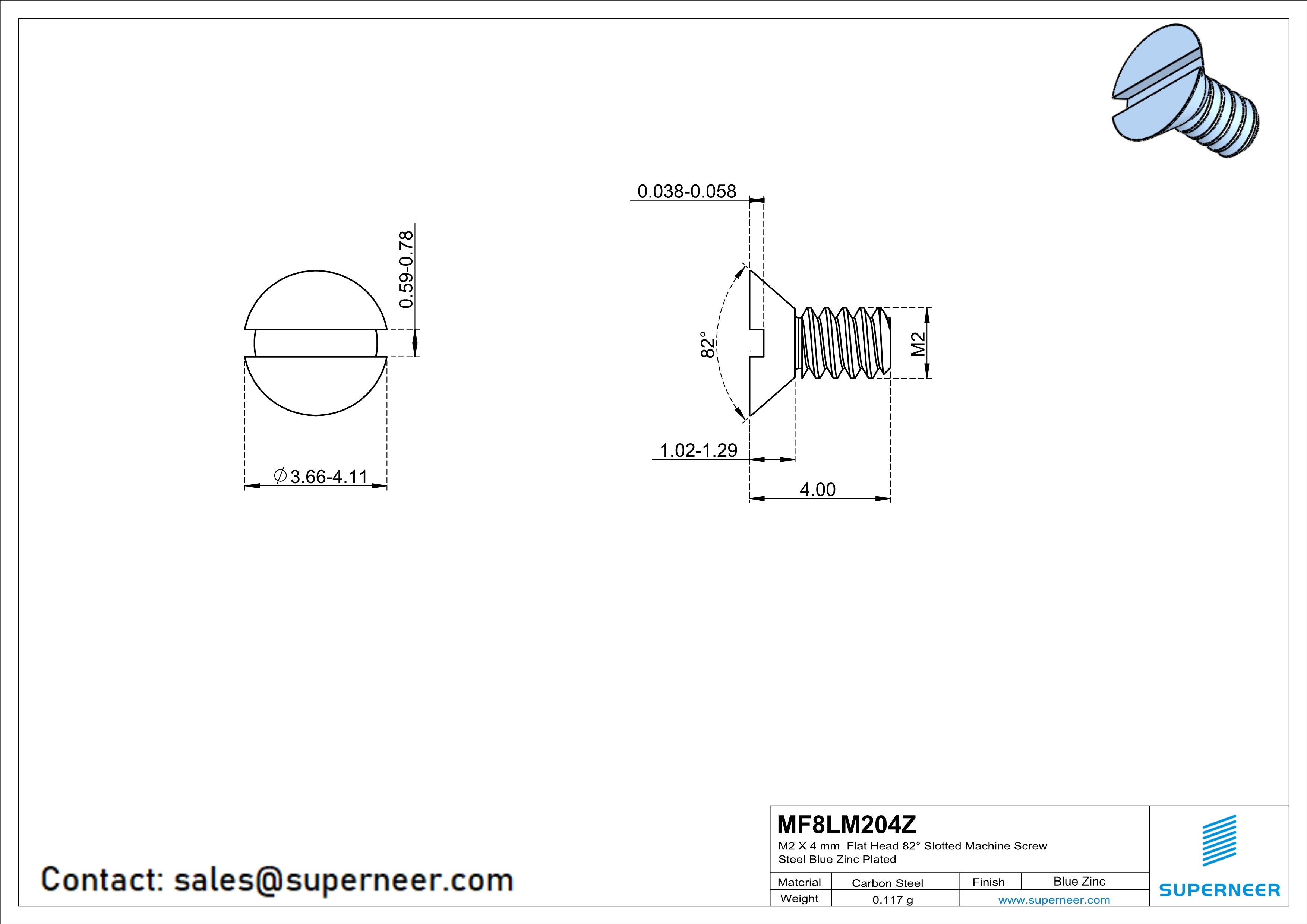 M2 x 4 mm Flat Head 82&deg; Slotted Machine Screw Steel Blue Zinc Plated