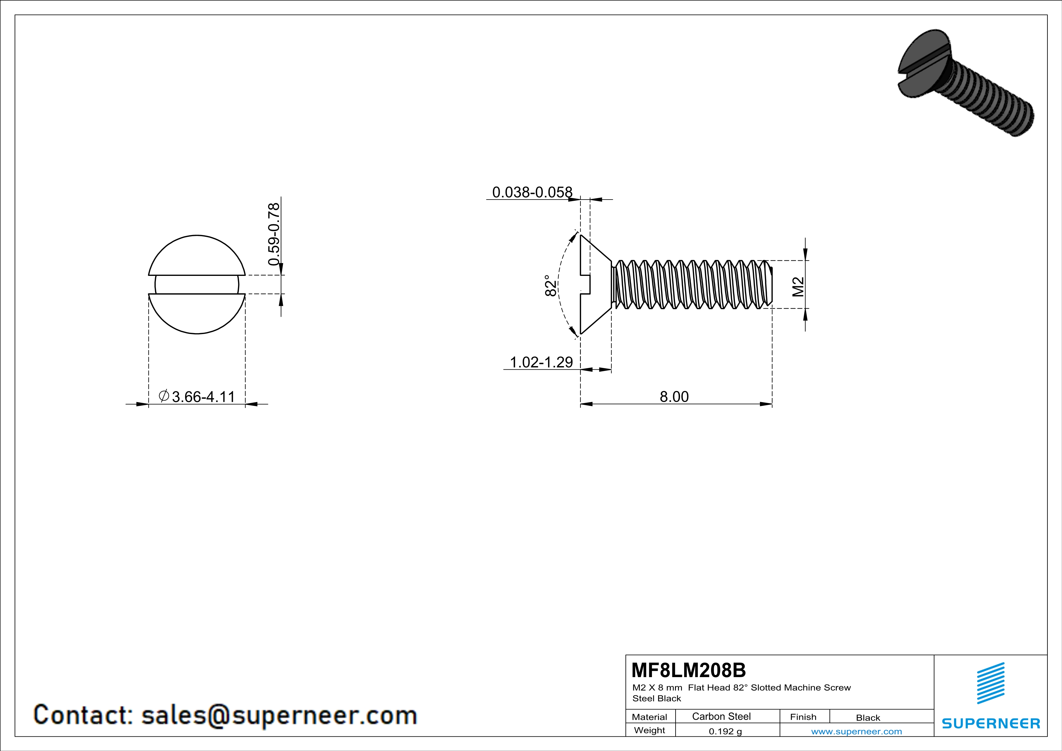 M2 x 8 mm Flat Head 82&deg; Slotted Machine Screw Steel Black