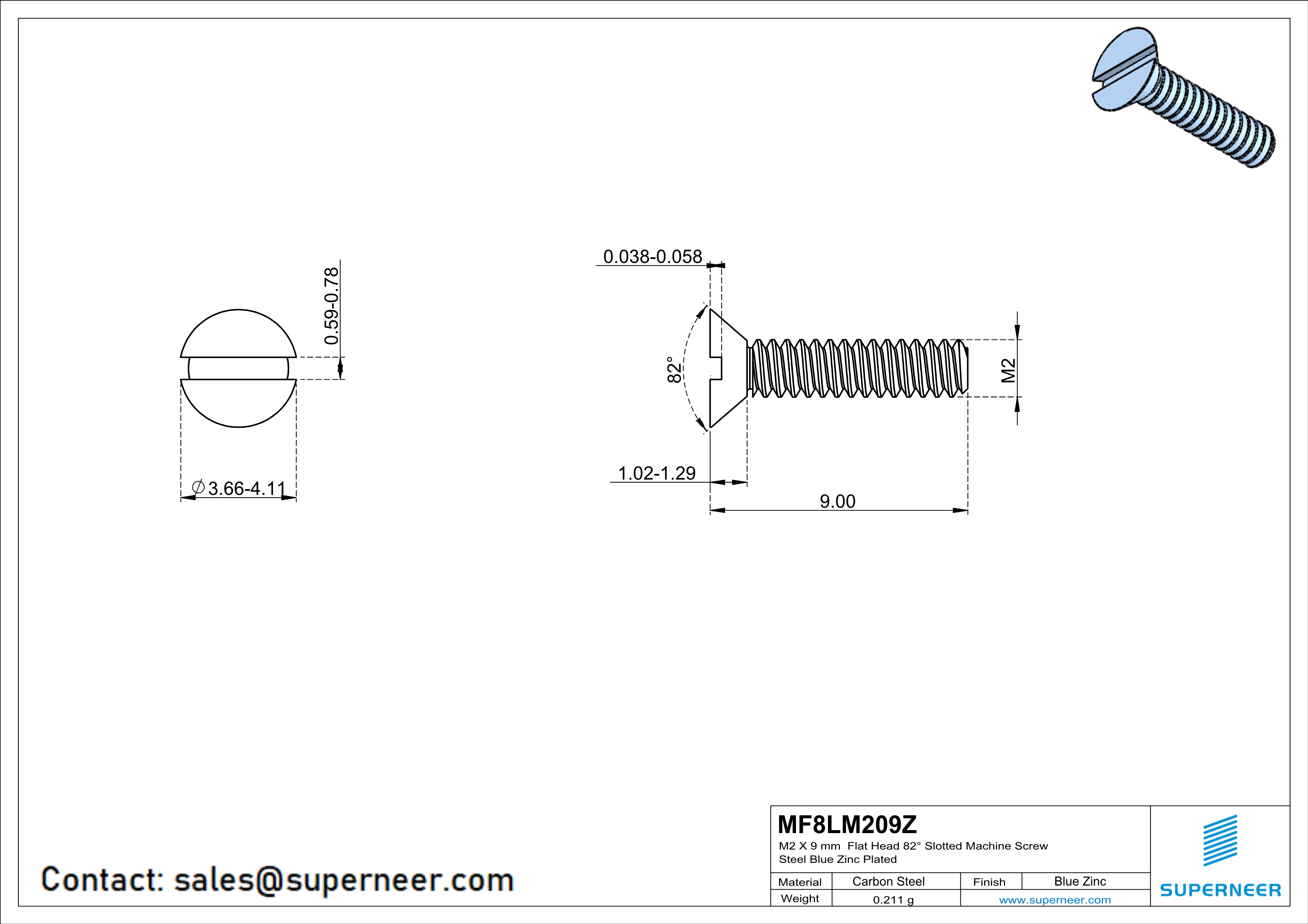 M2 x 9 mm Flat Head 82&deg; Slotted Machine Screw Steel Blue Zinc Plated