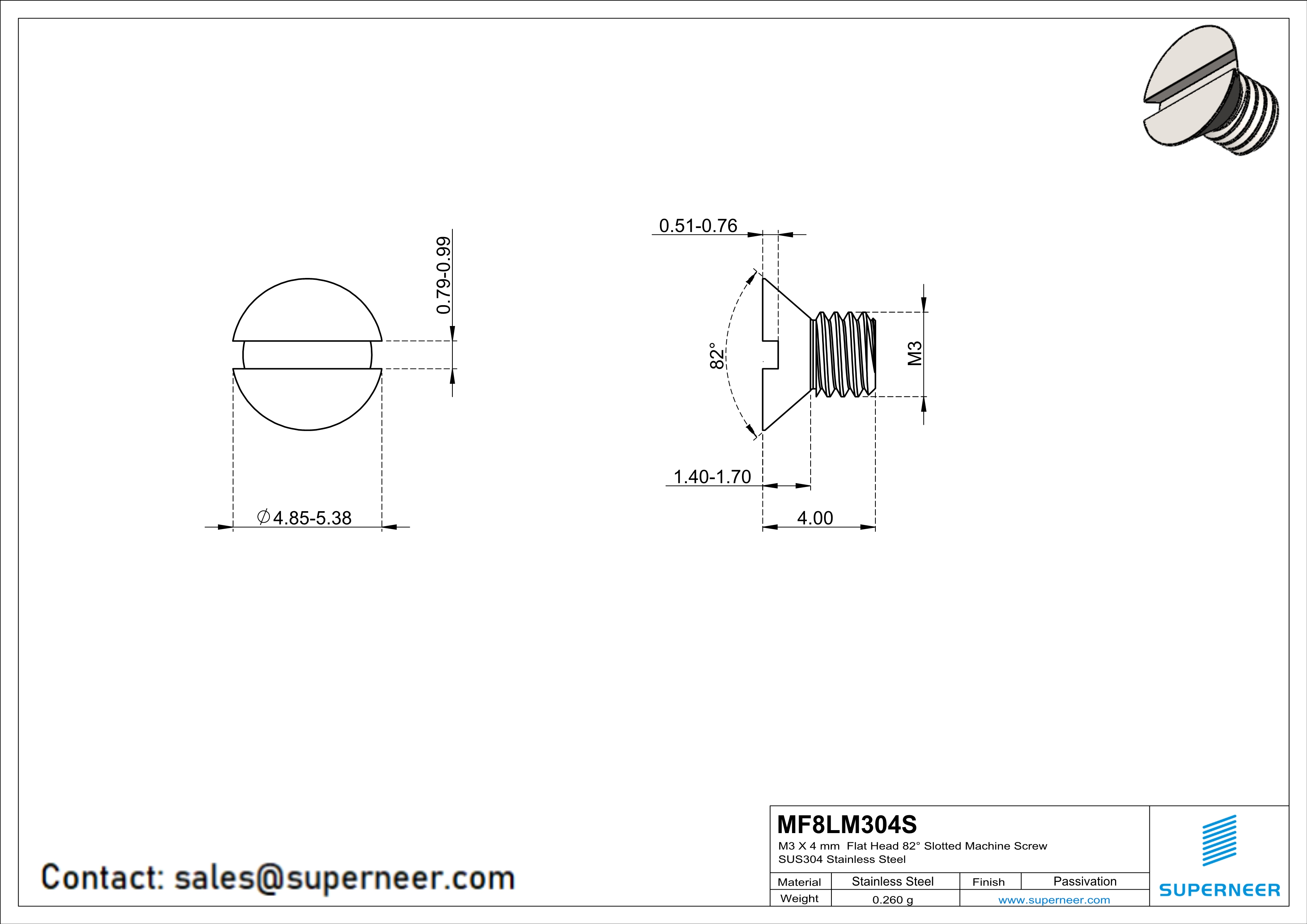 M3 x 4 mm  Flat Head 82&deg; Slotted Machine Screw SUS304 Stainless Steel Inox
