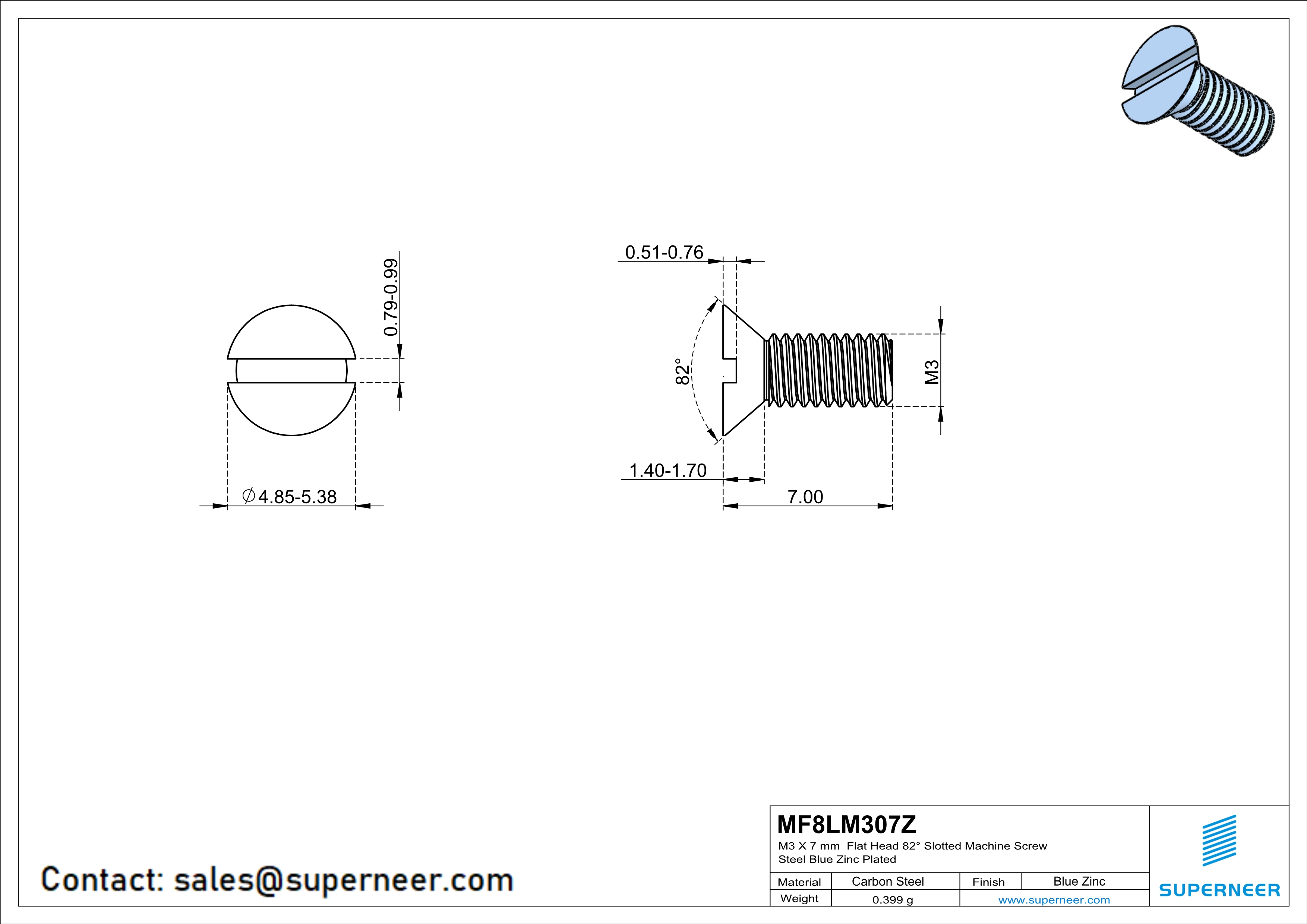 M3 x 7 mm Flat Head 82&deg; Slotted Machine Screw Steel Blue Zinc Plated