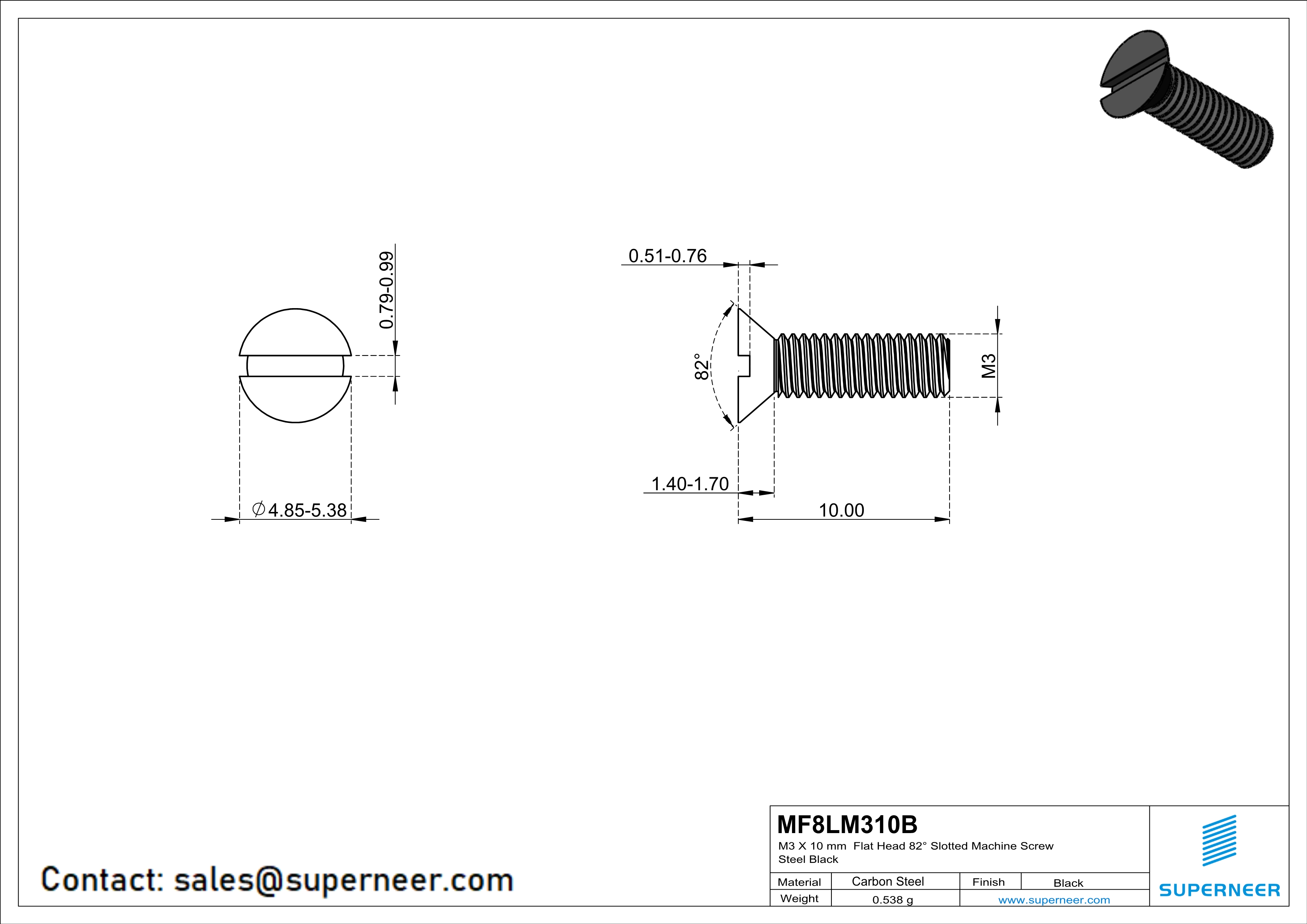 M3 x 10 mm Flat Head 82&deg; Slotted Machine Screw Steel Black