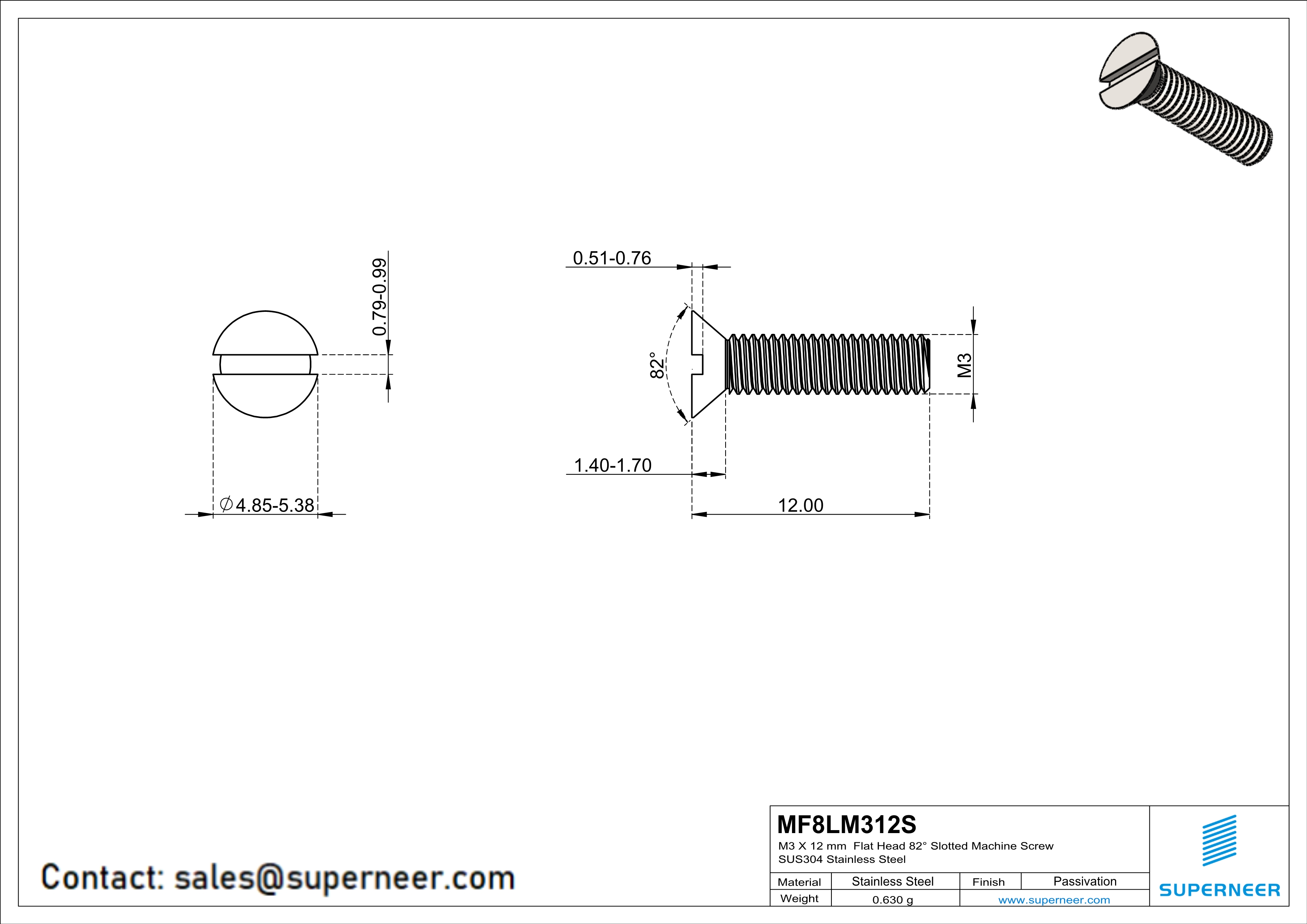 M3 x 12 mm  Flat Head 82&deg; Slotted Machine Screw SUS304 Stainless Steel Inox