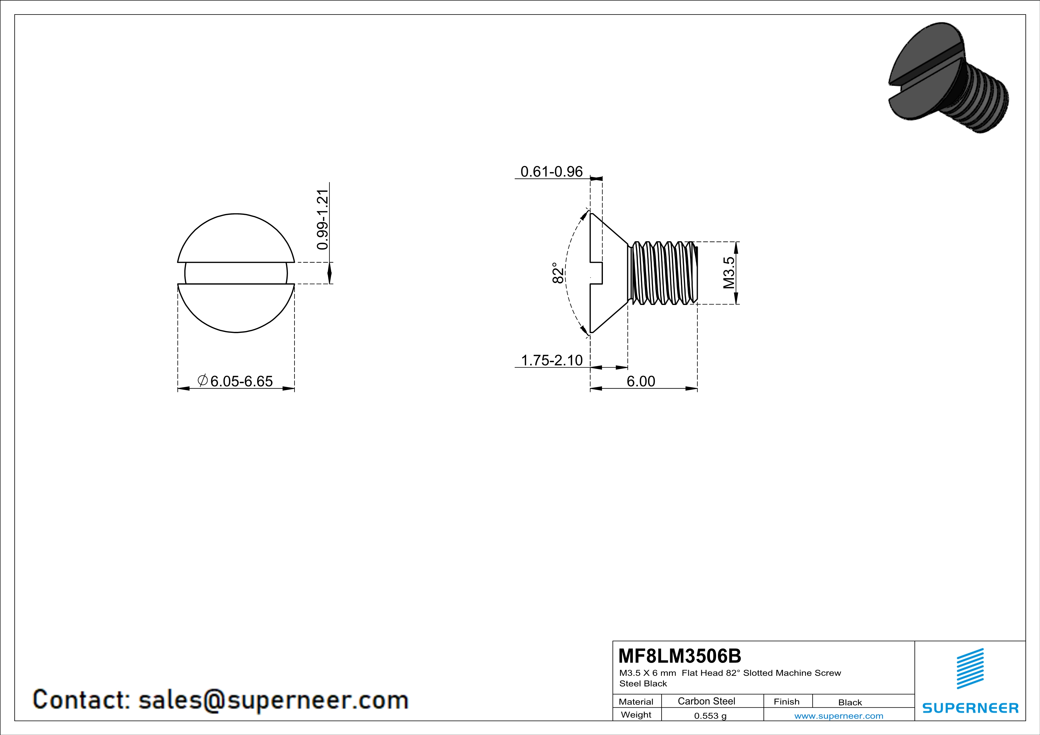 M3.5 x 6 mm Flat Head 82&deg; Slotted Machine Screw Steel Black