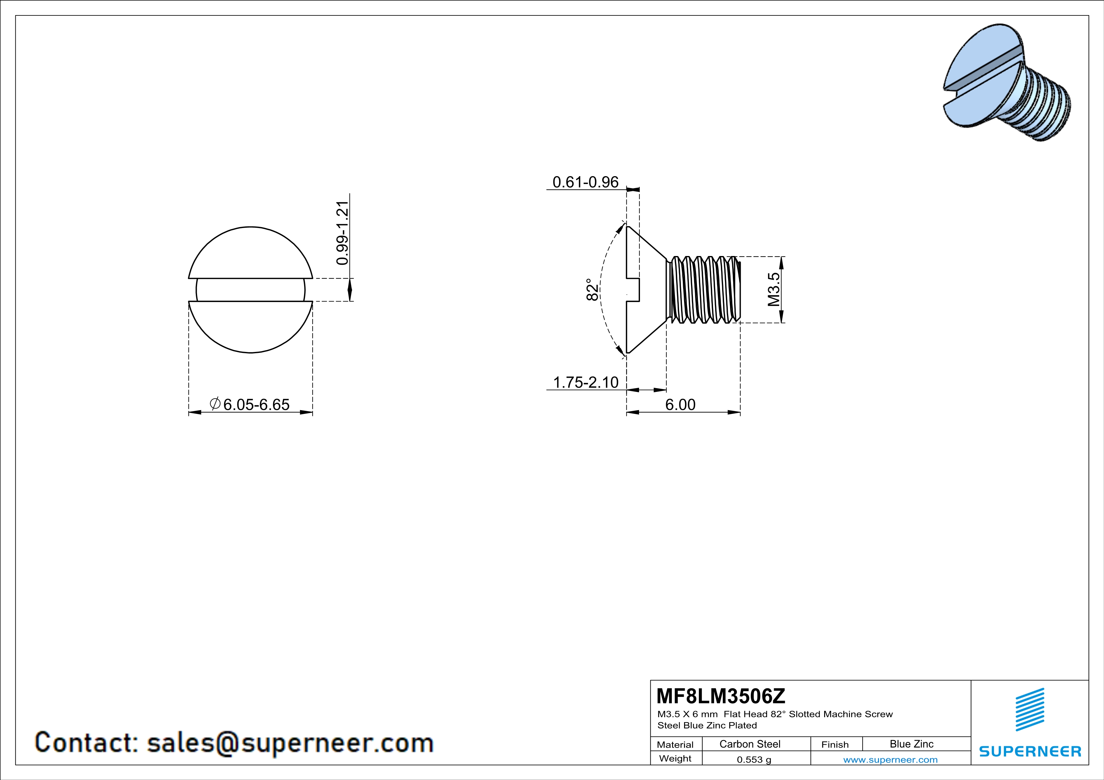 M3.5 x 6 mm Flat Head 82&deg; Slotted Machine Screw Steel Blue Zinc Plated