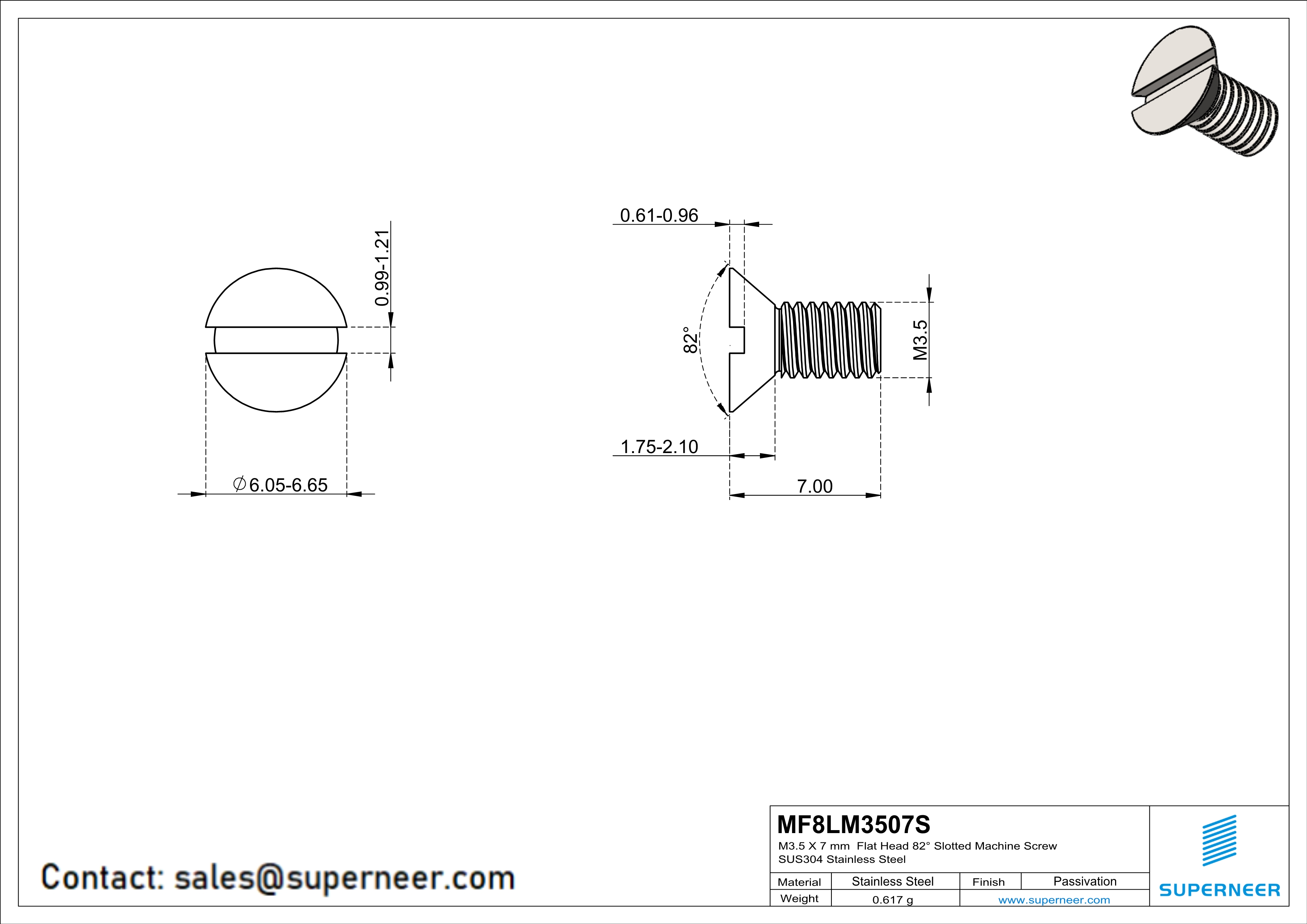 M3.5 x 7 mm  Flat Head 82&deg; Slotted Machine Screw SUS304 Stainless Steel Inox