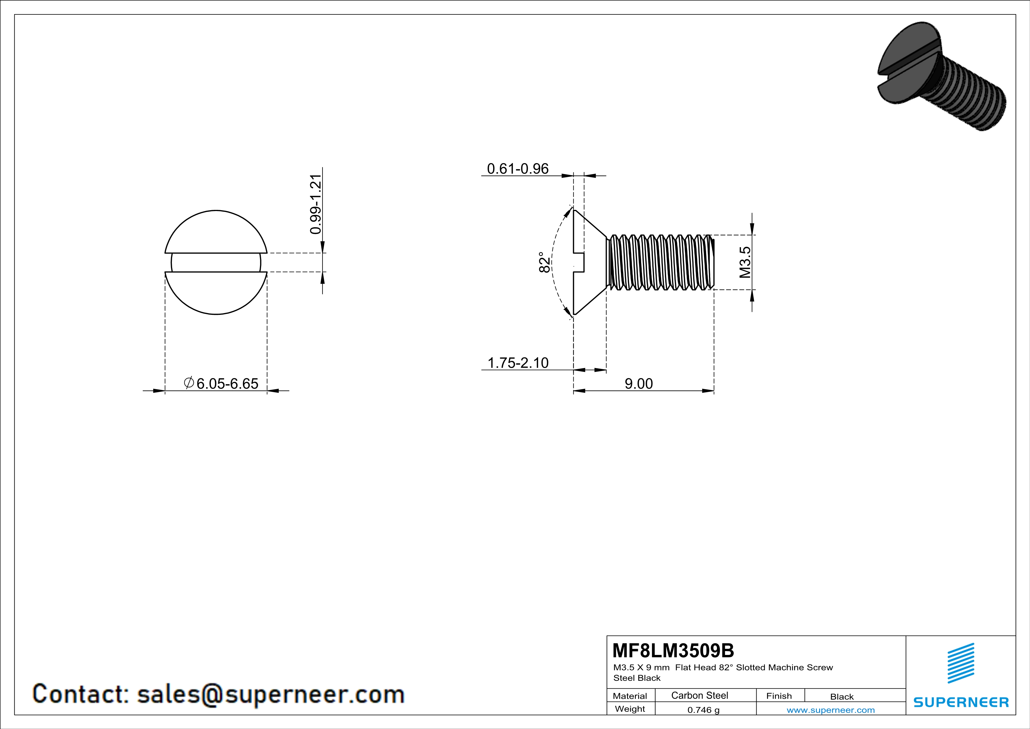 M3.5 x 9 mm Flat Head 82&deg; Slotted Machine Screw Steel Black