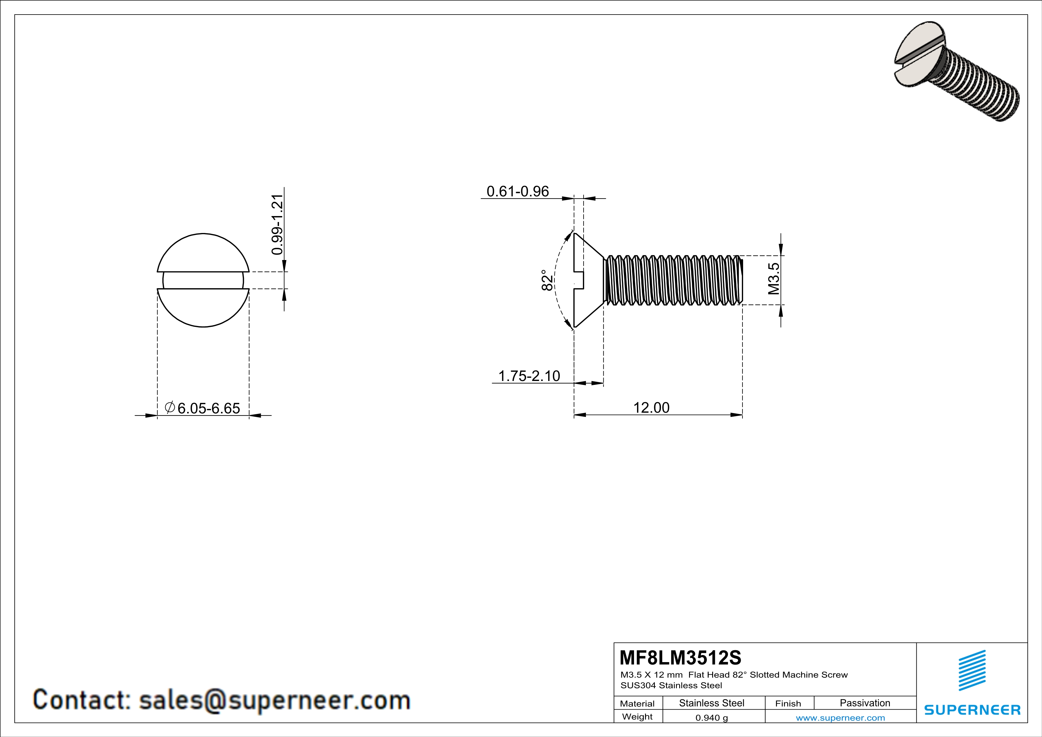 M3.5 x 12 mm  Flat Head 82&deg; Slotted Machine Screw SUS304 Stainless Steel Inox
